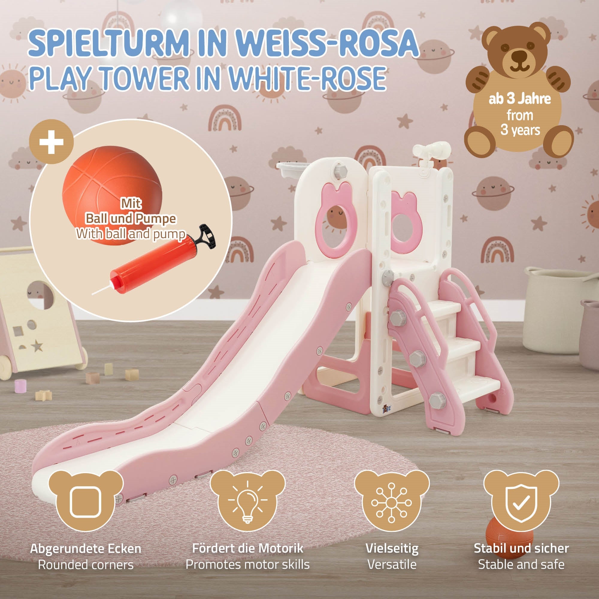 Spielturm in Weiß-Rosa mit Rutsche und Ball. Ab 3 Jahren.