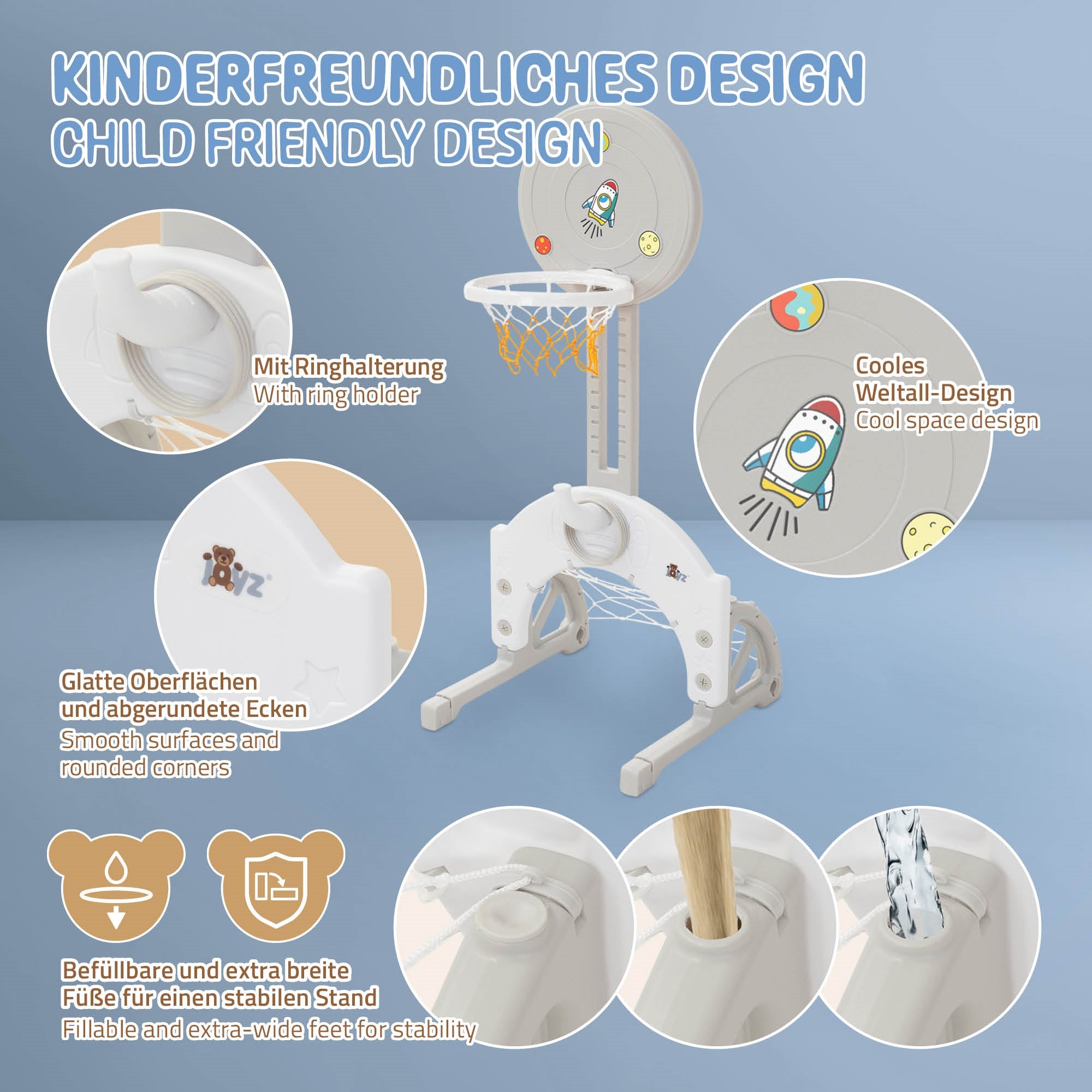 Legetøj med basketballkurv og børnevenligt design.