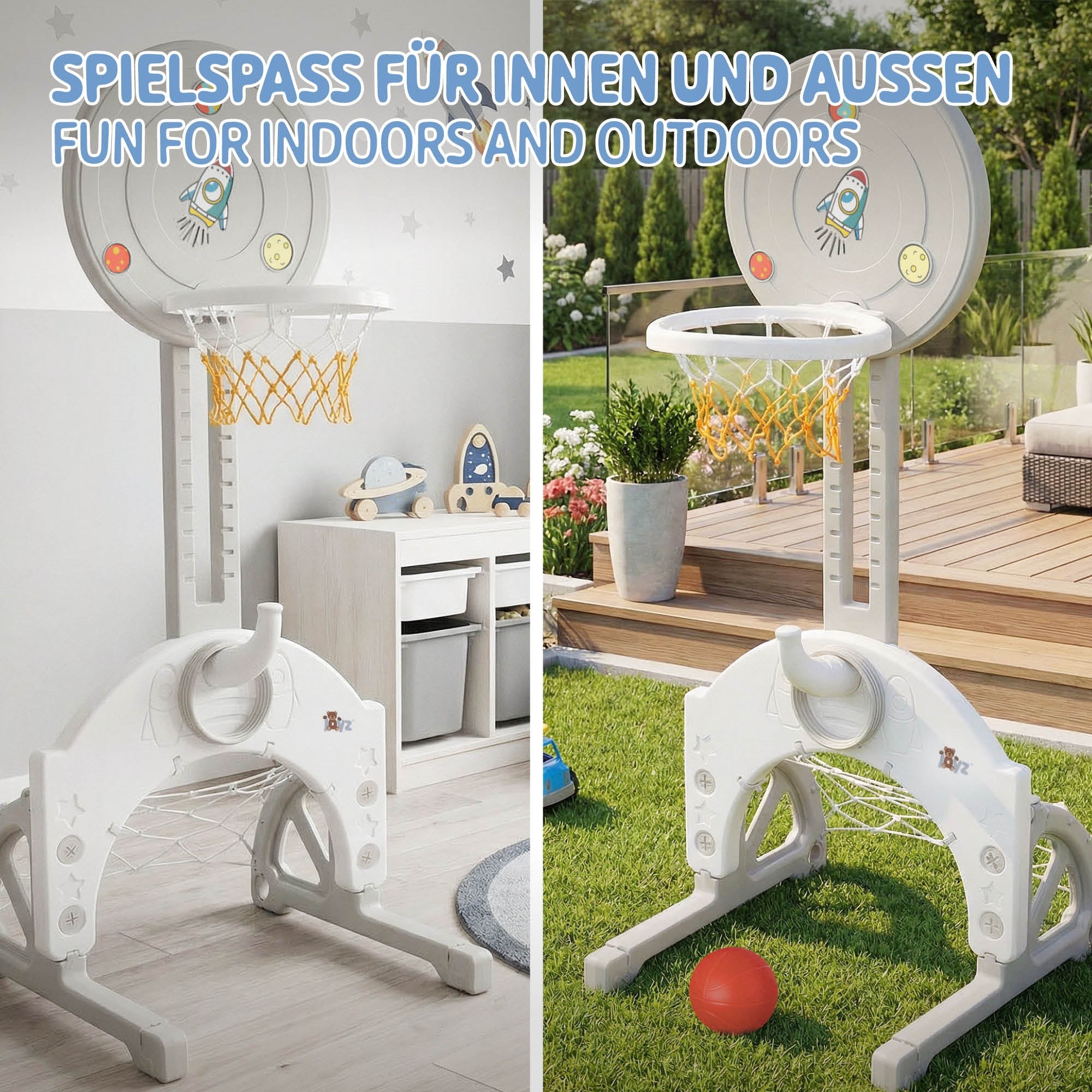 Et legetøj med basketballkurv til indendørs og udendørs brug.