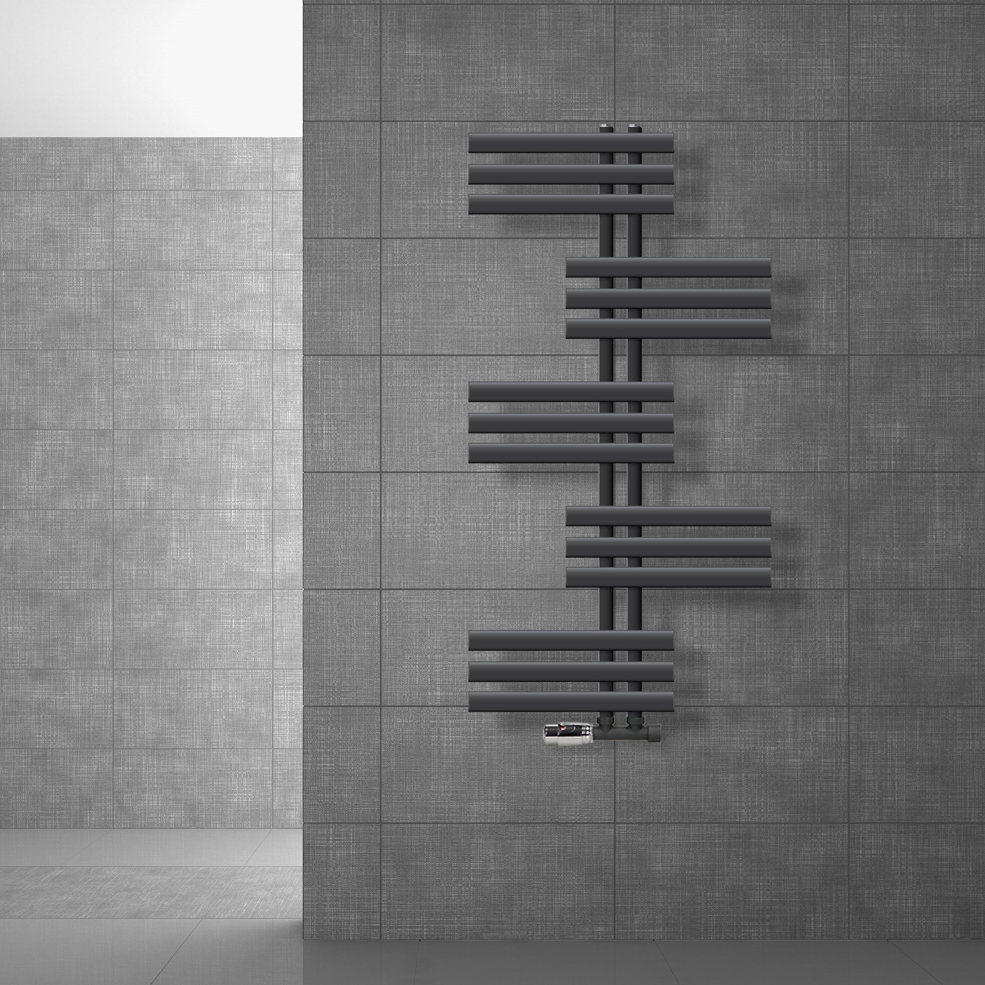 Anthracite towel radiator on a wall.