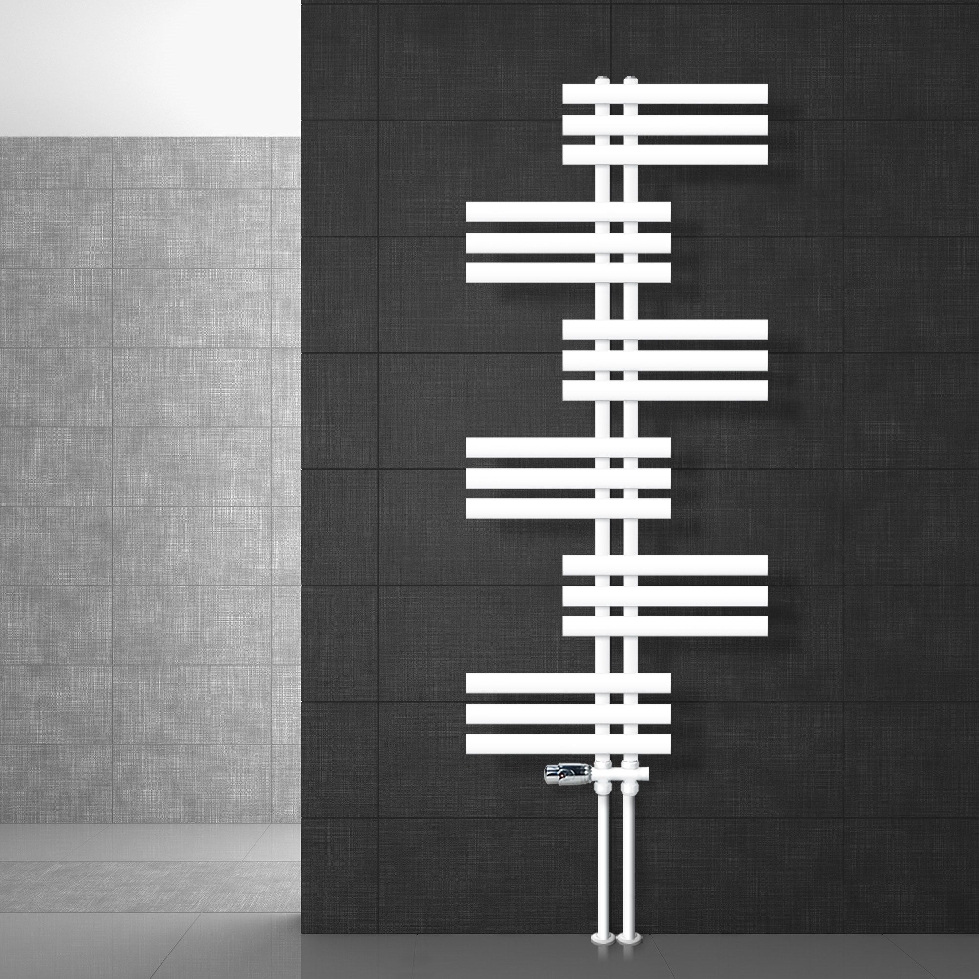 Weißer Heizkörper mit horizontalen und vertikalen Elementen an einer Wand.