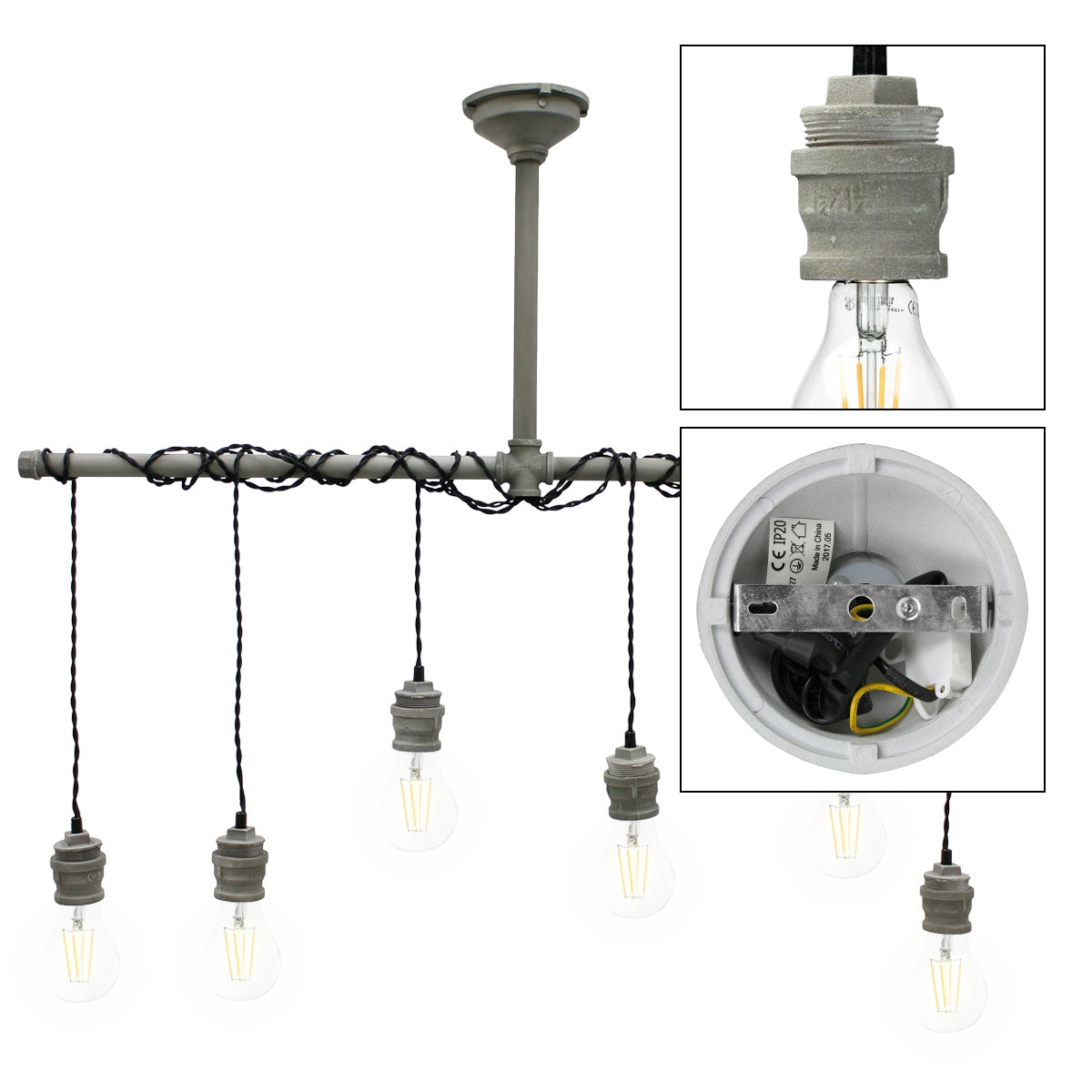 Suspension avec plusieurs ampoules et câbles, vue de dessus et de côté.