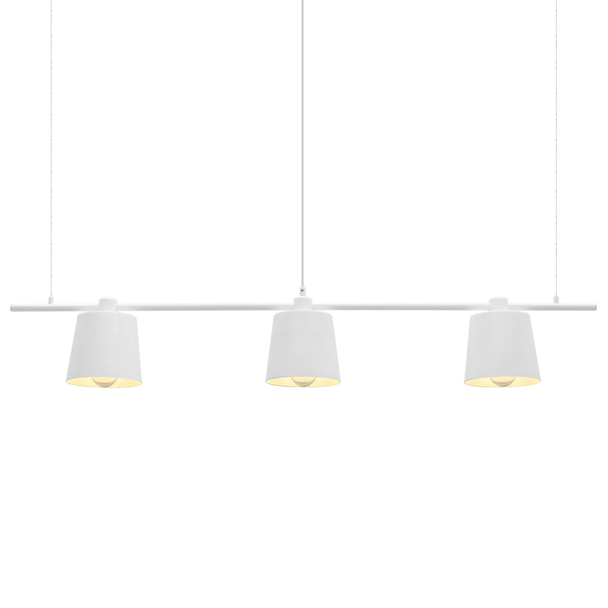 Hanging lamp with three white lampshades and yellow light.