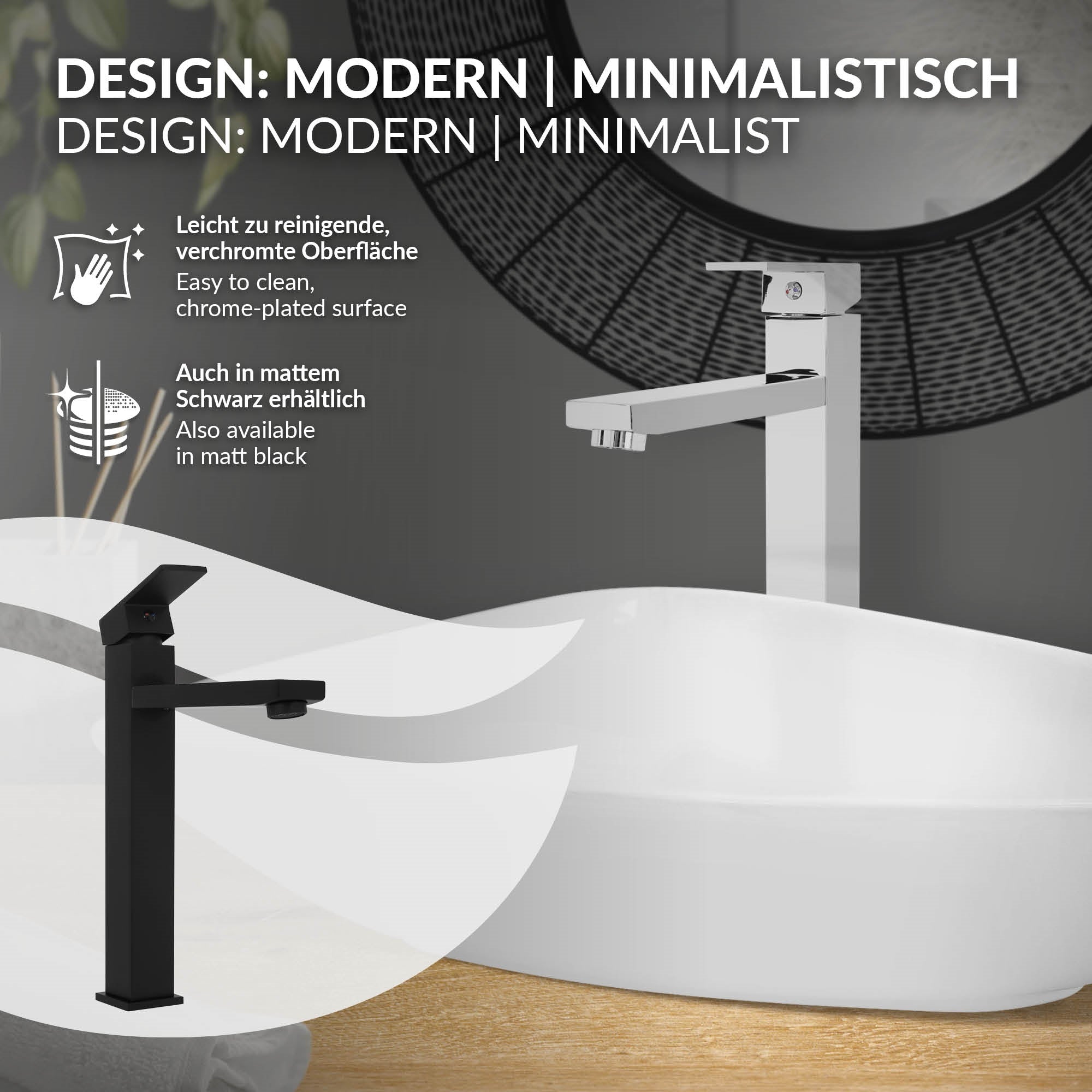 Moderne, minimalistische waterkraan in chroomkleur boven een wastafel.
