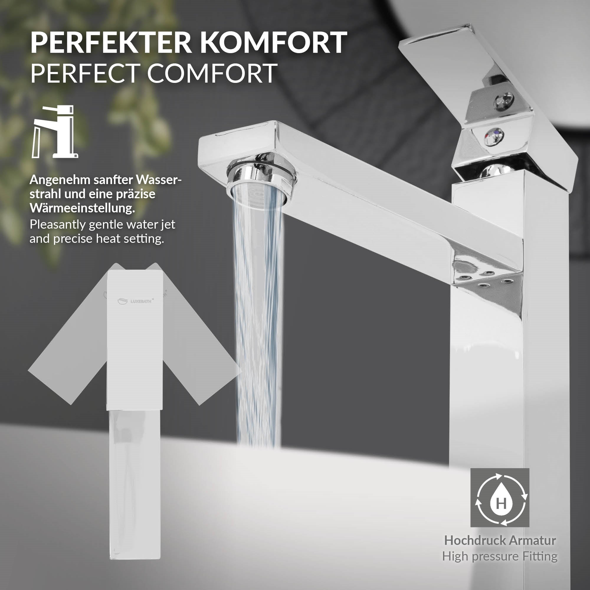 Grafiek van een zilveren kraan met waterstroom en beschrijving van het comfort.