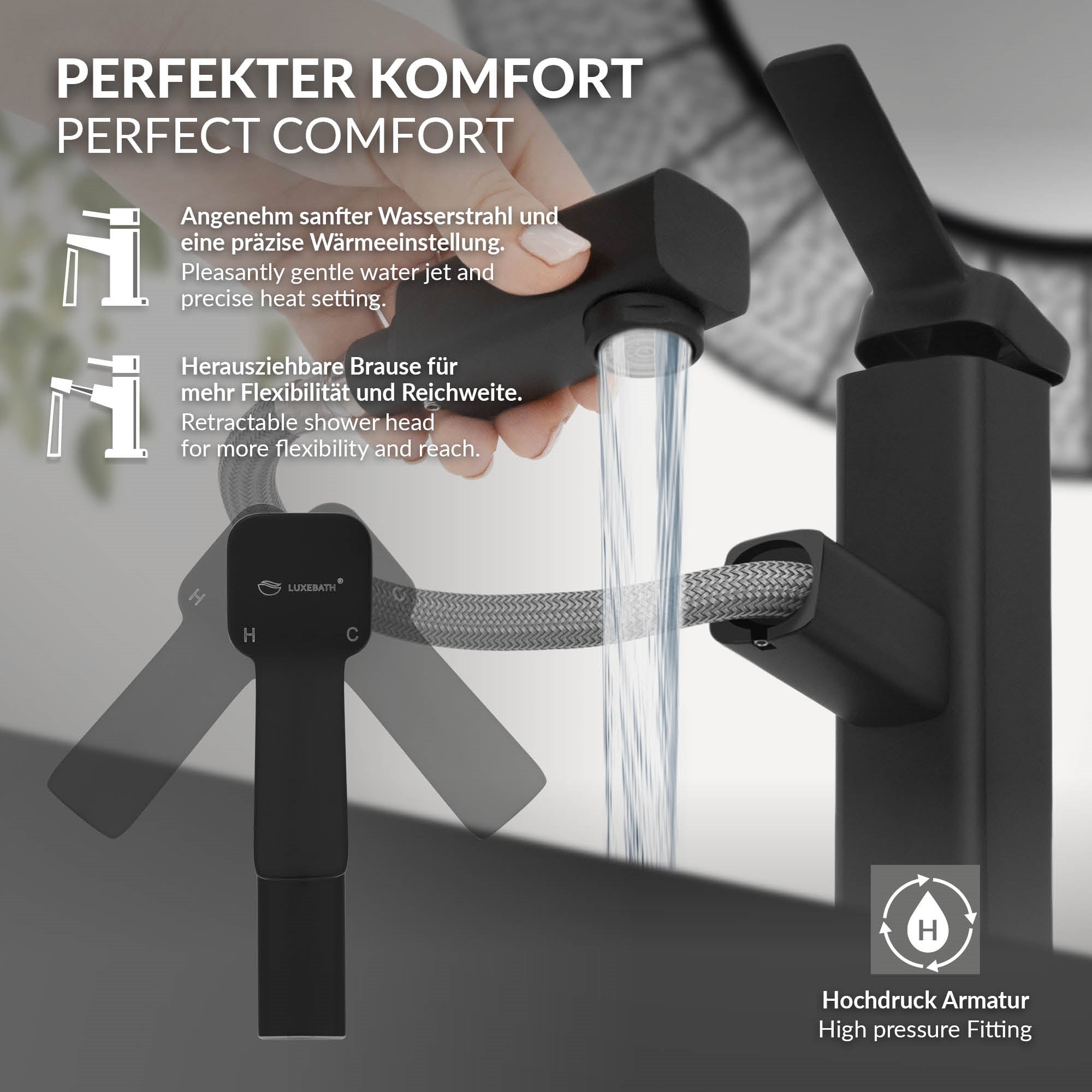 Schwarze Wasserarmatur mit herausziehbarer Brause und Komfortdetails.