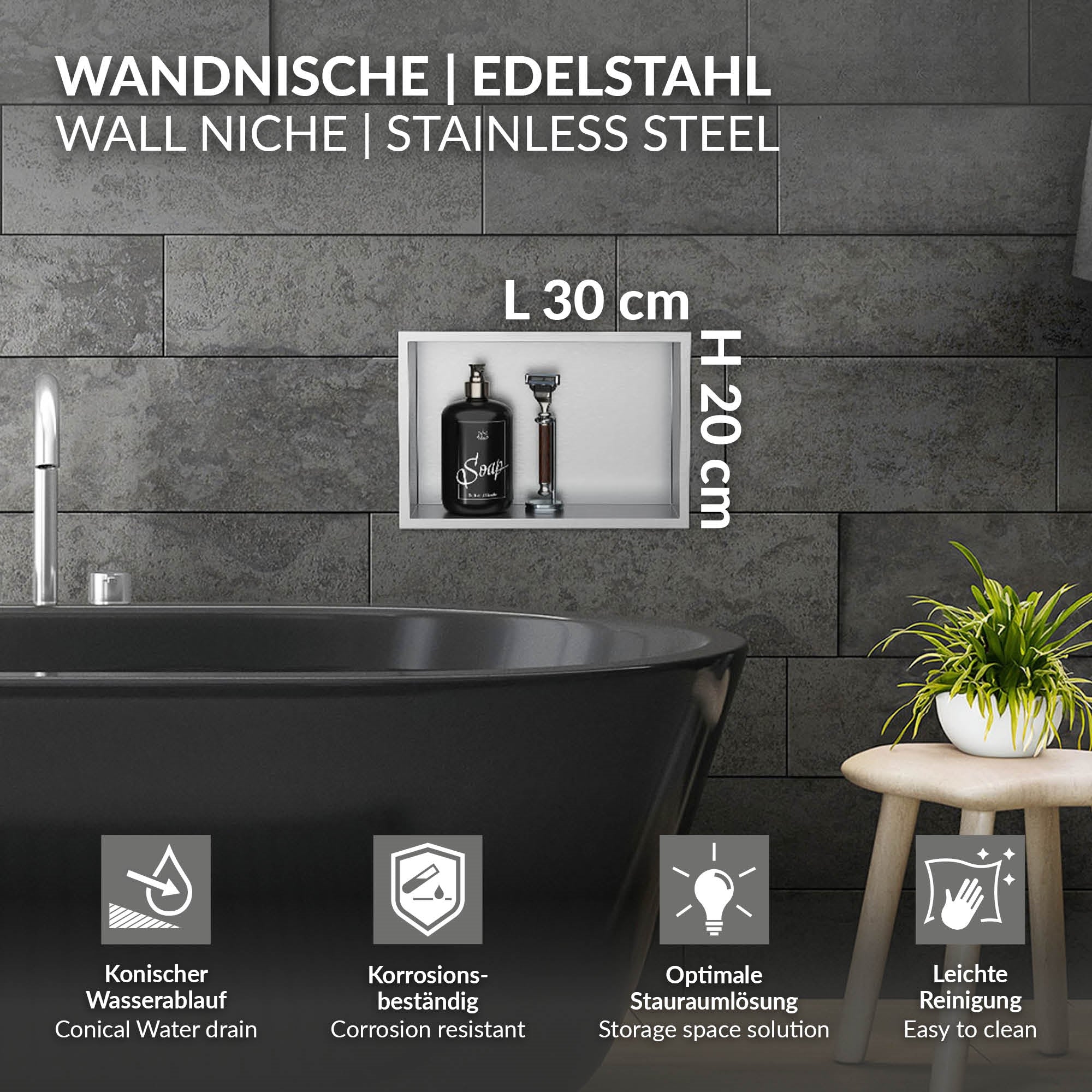 Wall niche made of stainless steel with space for bathroom utensils.