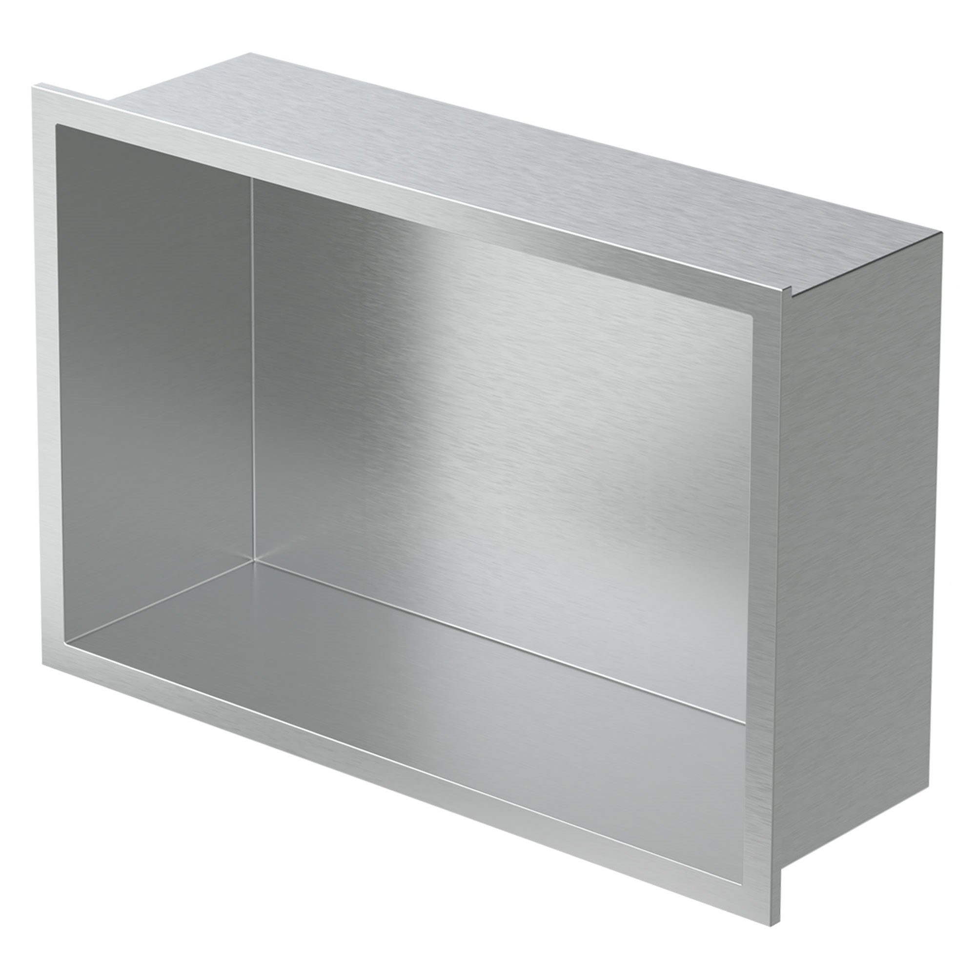 Square silver container made of metal with an open interior.