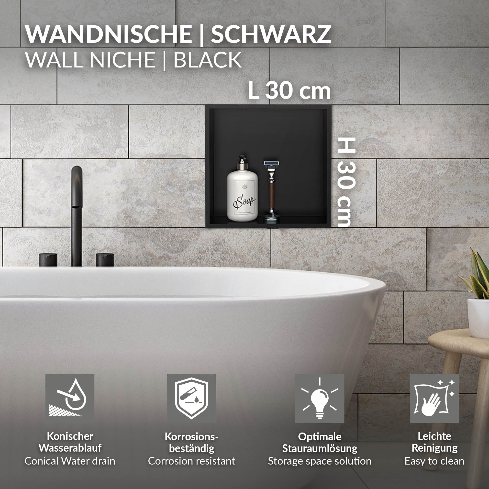 Product information for the black wall niche with dimensions.