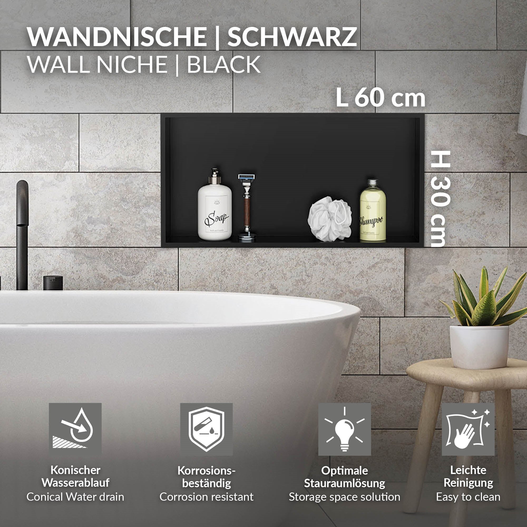 Black wall niche with toiletries and razor, bathtub in the foreground.