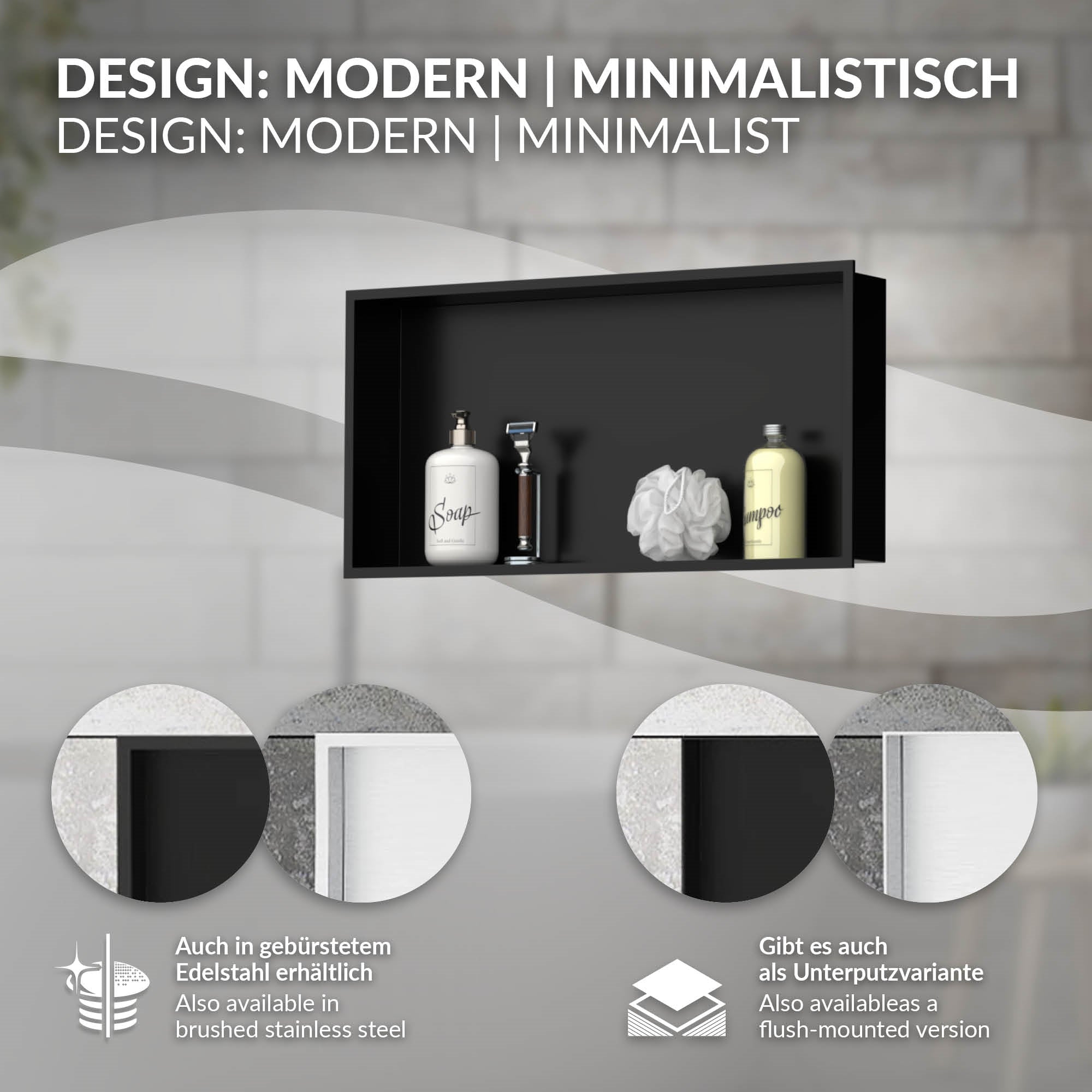 Black wall niche with soap and towel, modern design.