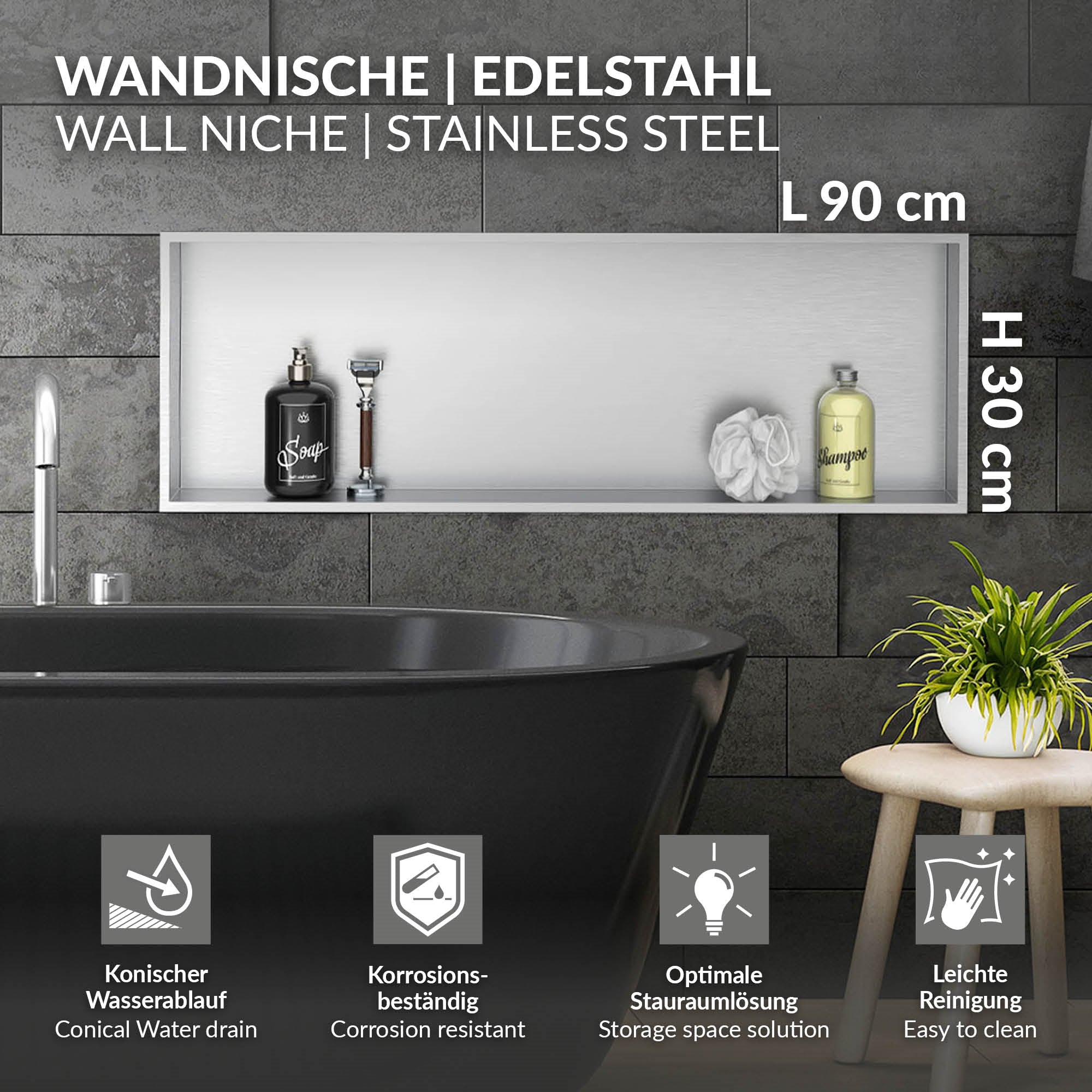 Stainless steel wall niche with measurements and corrosion-resistant properties.