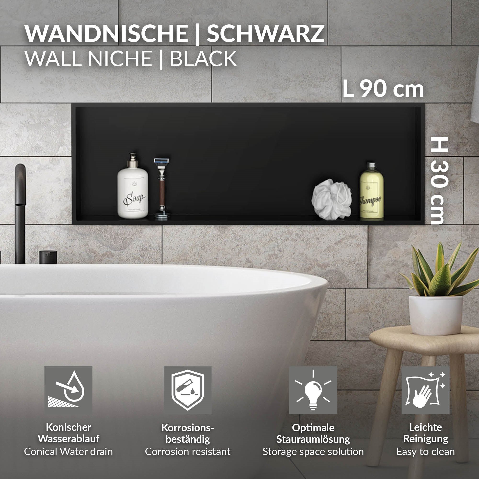 Black wall niche with care products in a bathroom.