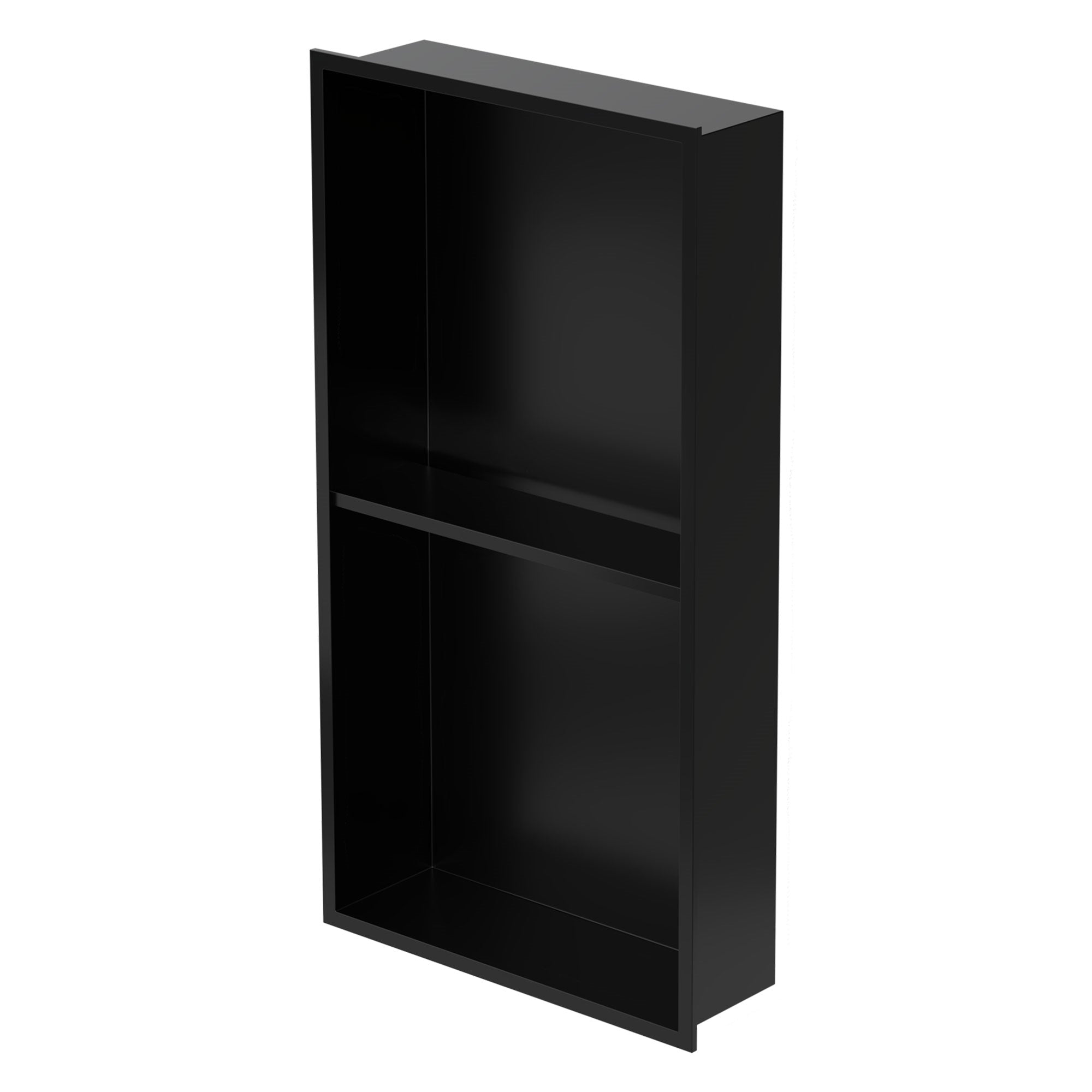 Black wall niche with two compartments for bathroom accessories.