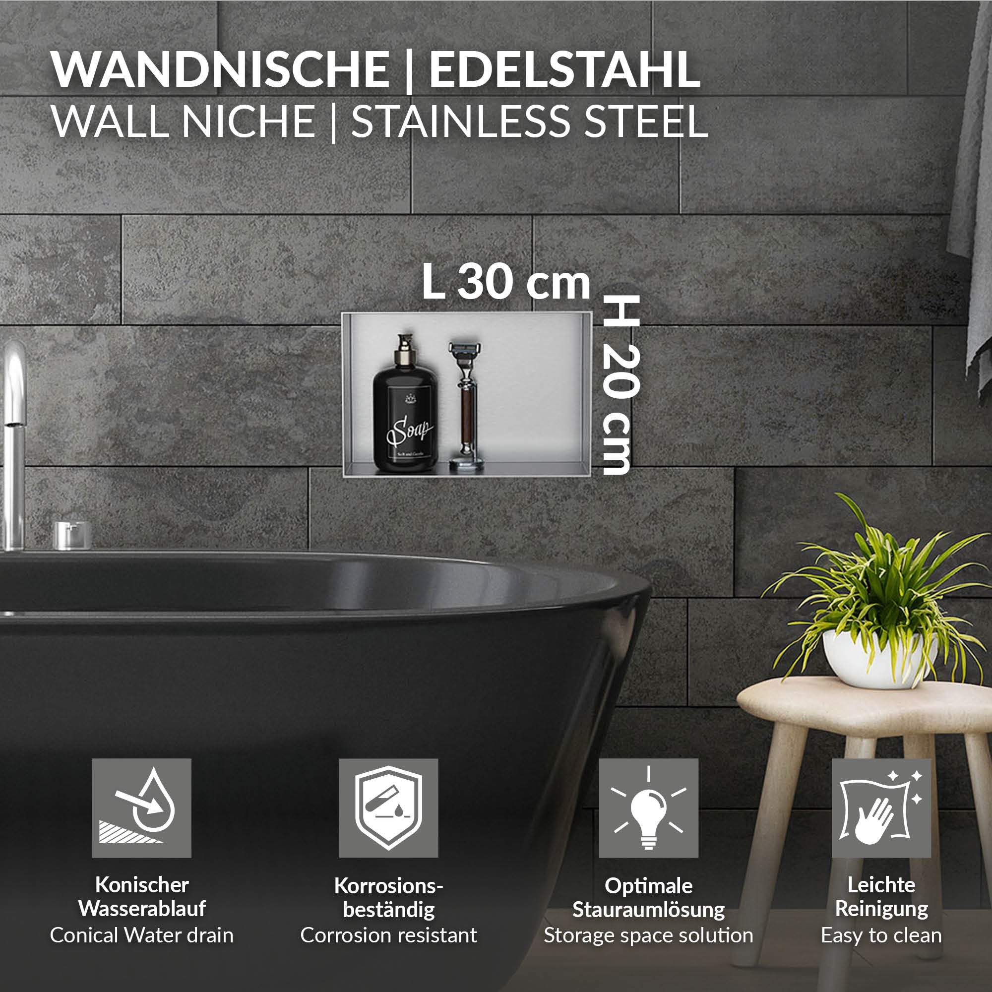 Stainless steel wall niche with dimensions and cleaning information.