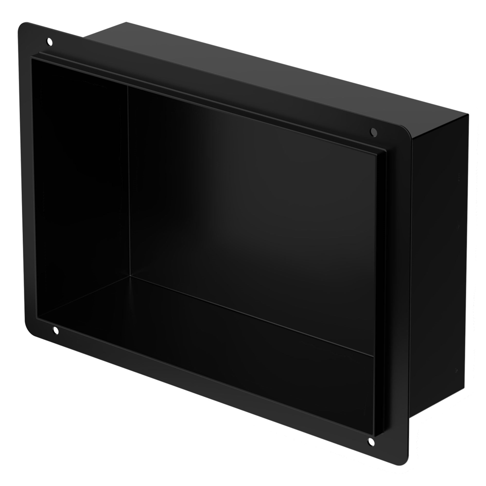 Black wall niche with rectangular opening and rounded edges.