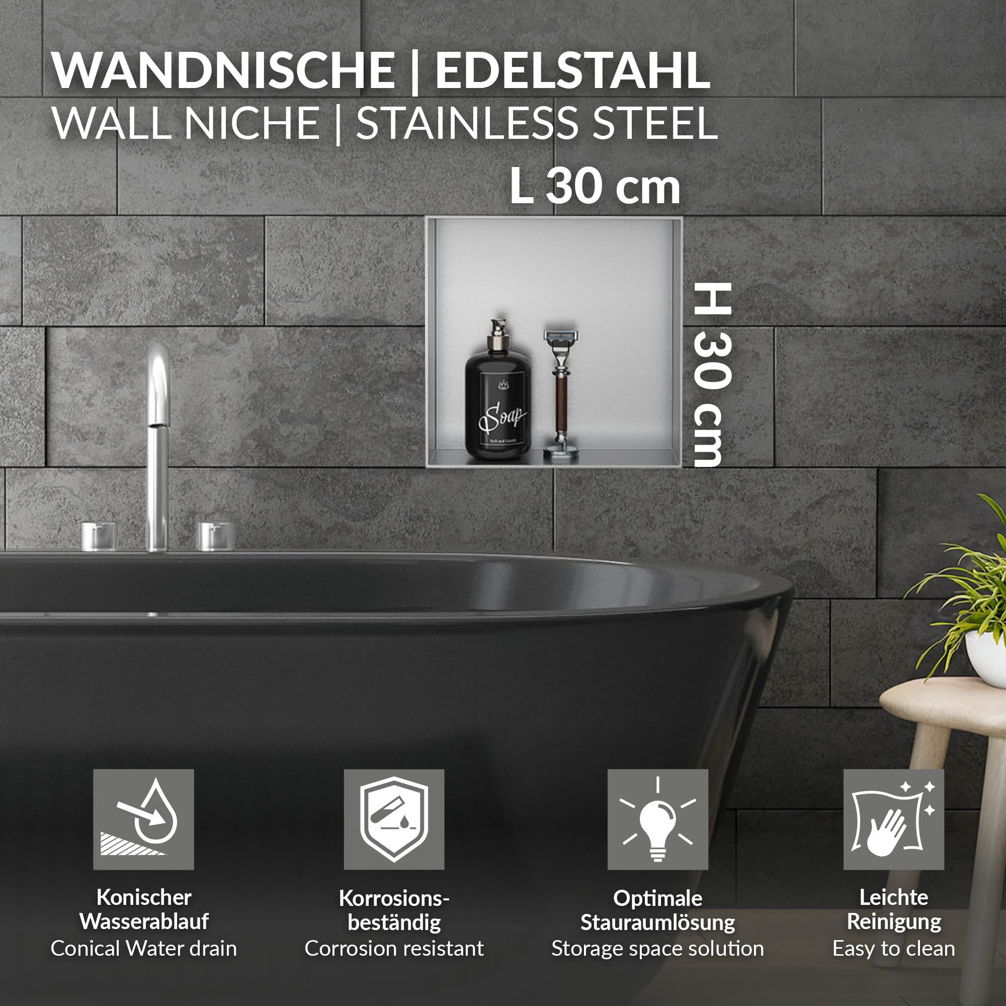 Wall niche made of stainless steel with dimensions and features.