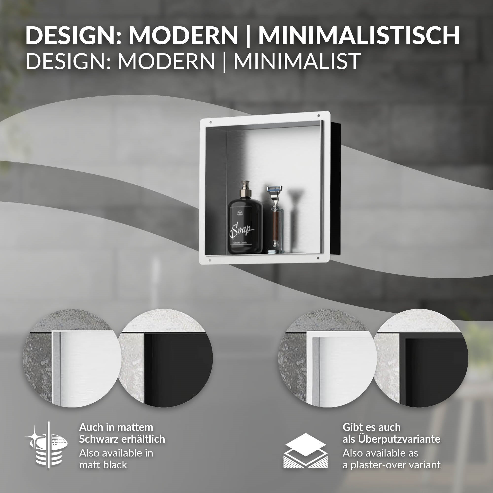 Grafica con informazioni sul design di un prodotto moderno e minimalista.