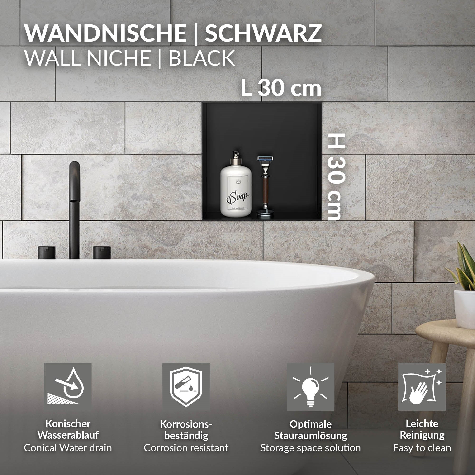 Black wall niche in a bathroom with dimensions 30x30 cm.