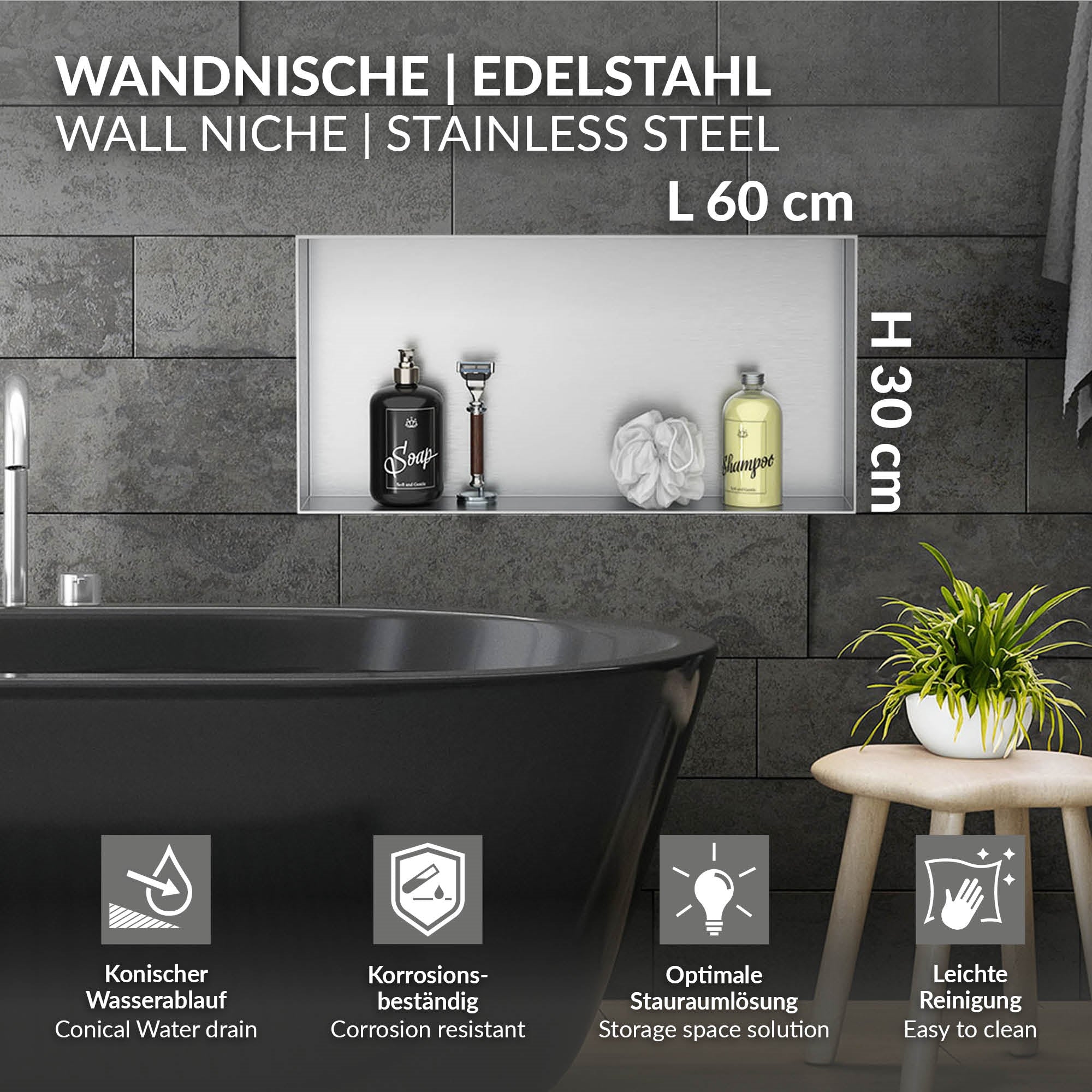 Bathroom view with wall niche and personal care products in the niche.
