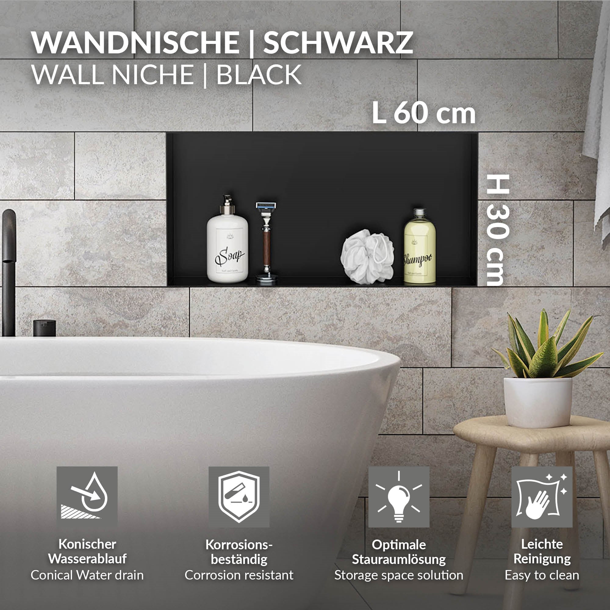 Black wall niche with care products and bathtub in the background.