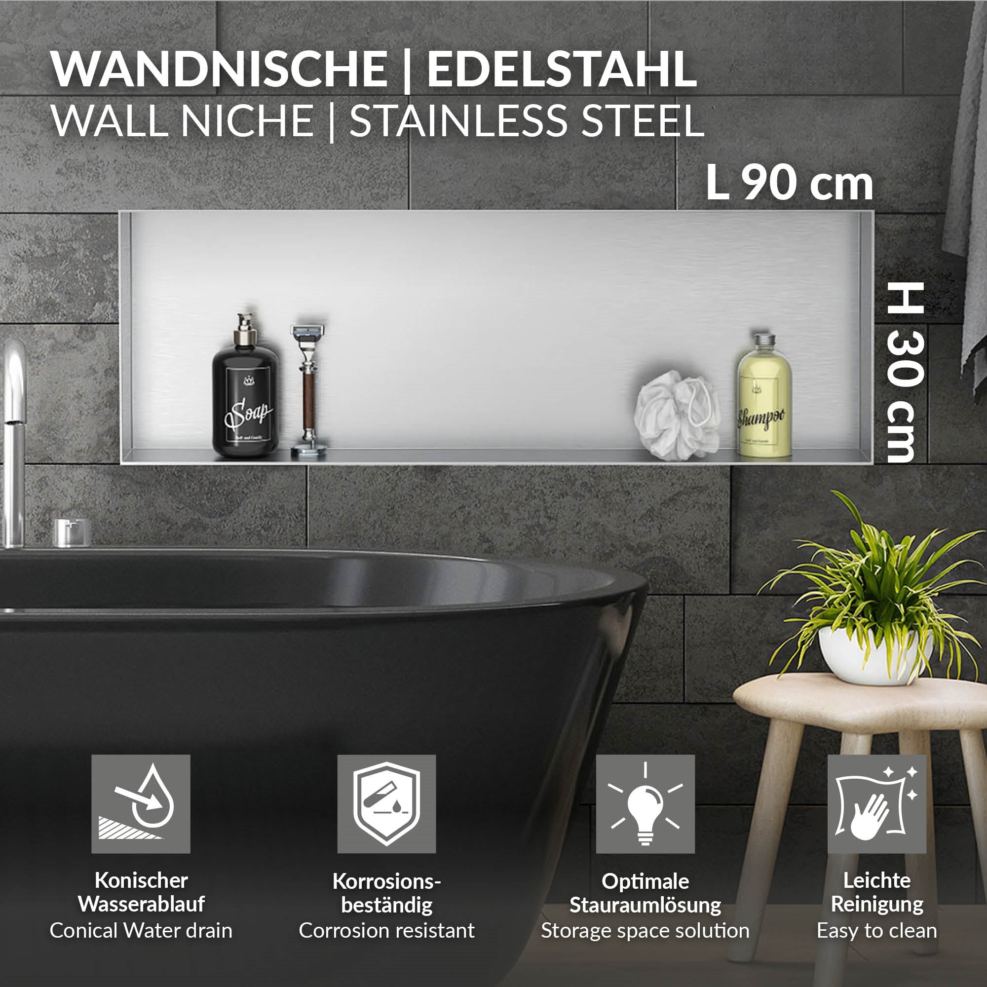 Graphic of the wall niche made of stainless steel with dimensions and features.