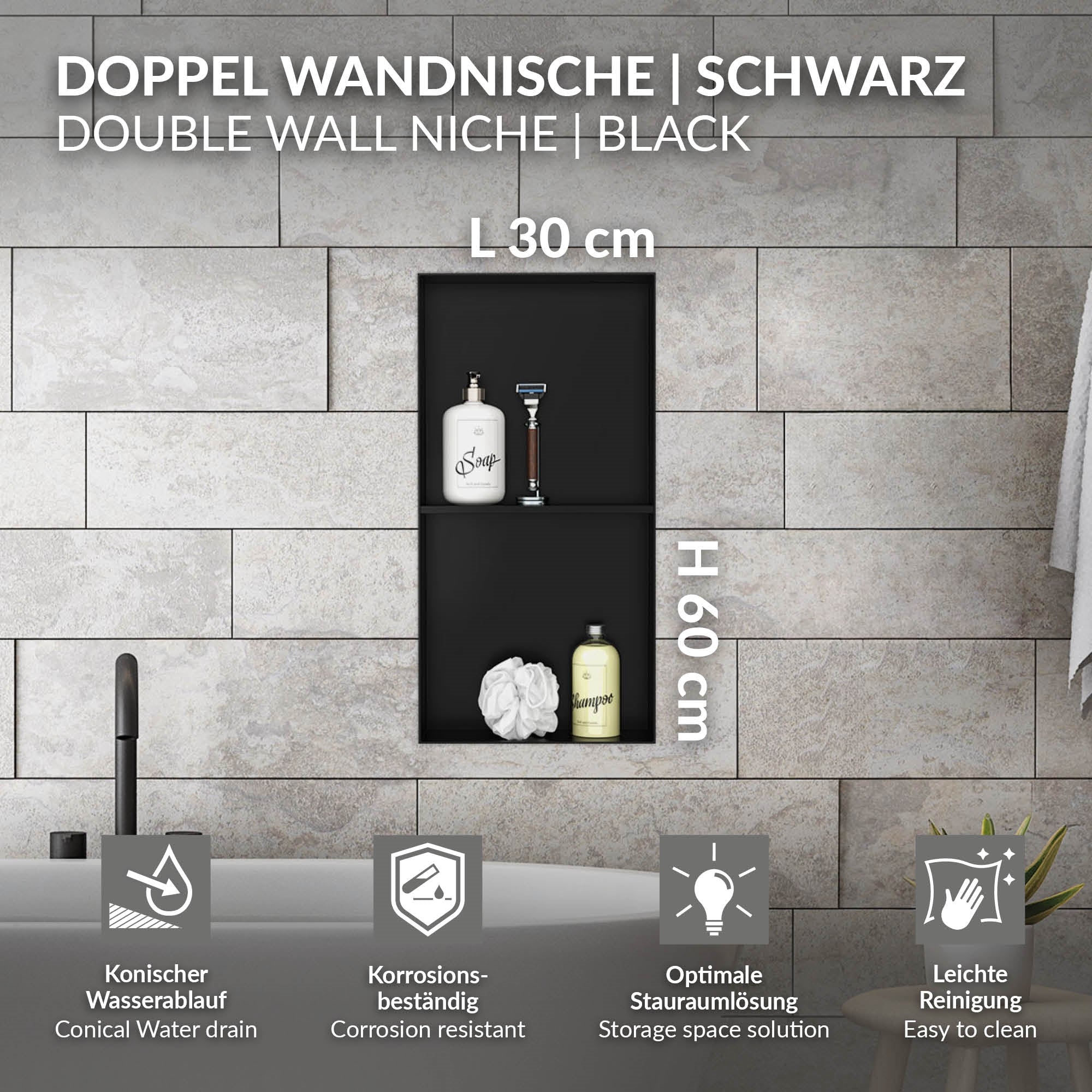 Black wall niche with dimensions and information on corrosion resistance.