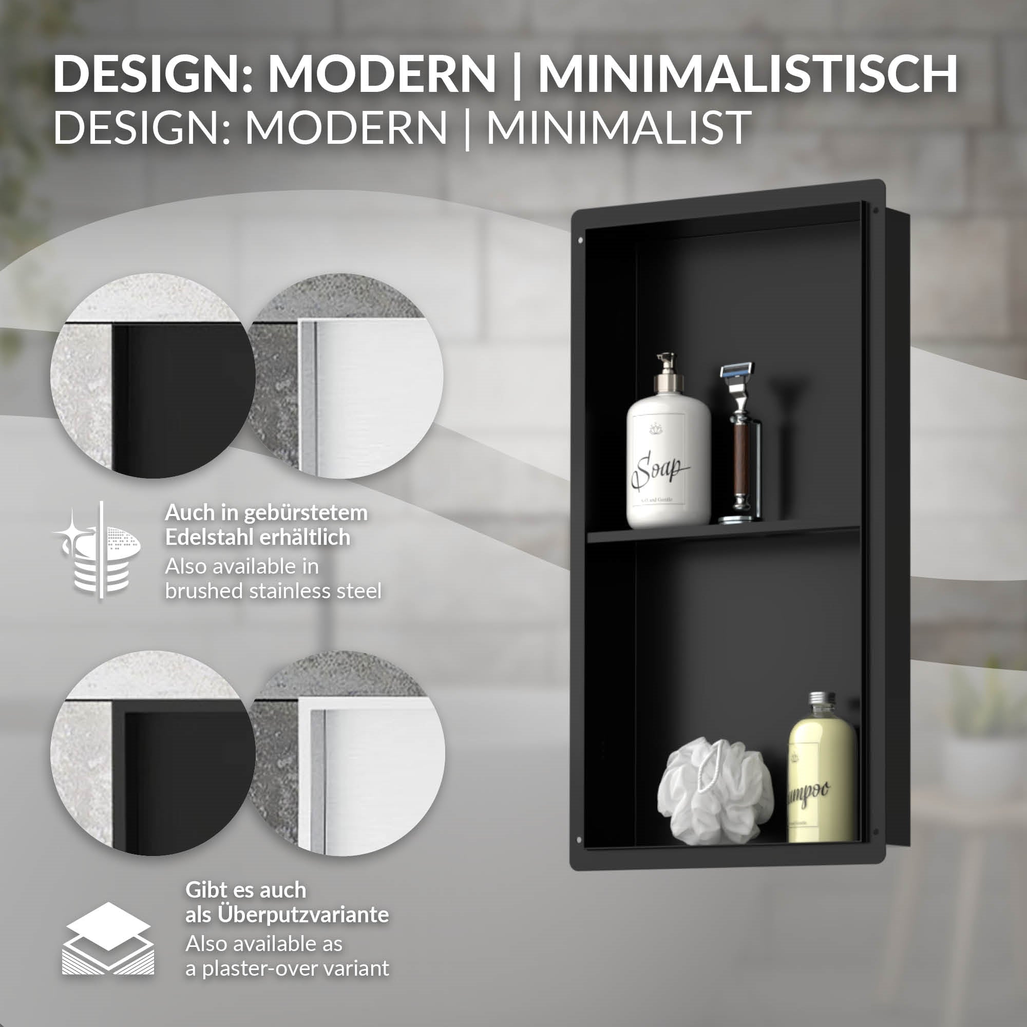 Wall shelf in modern design with products and materials.