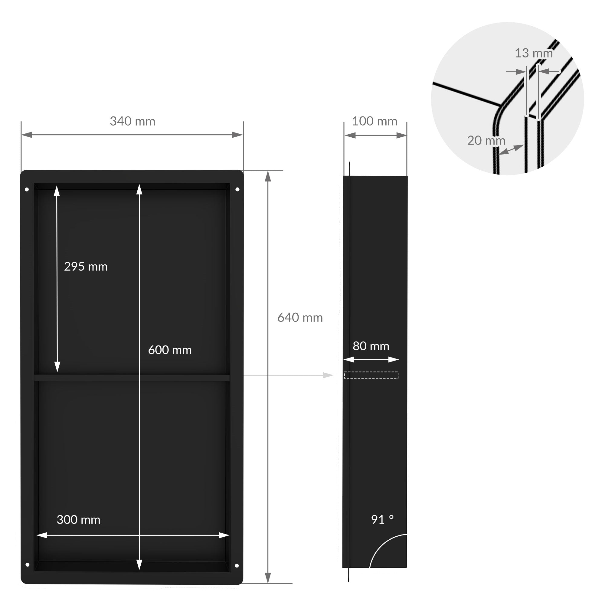 Technical drawing with dimensions of a black wall shelf.