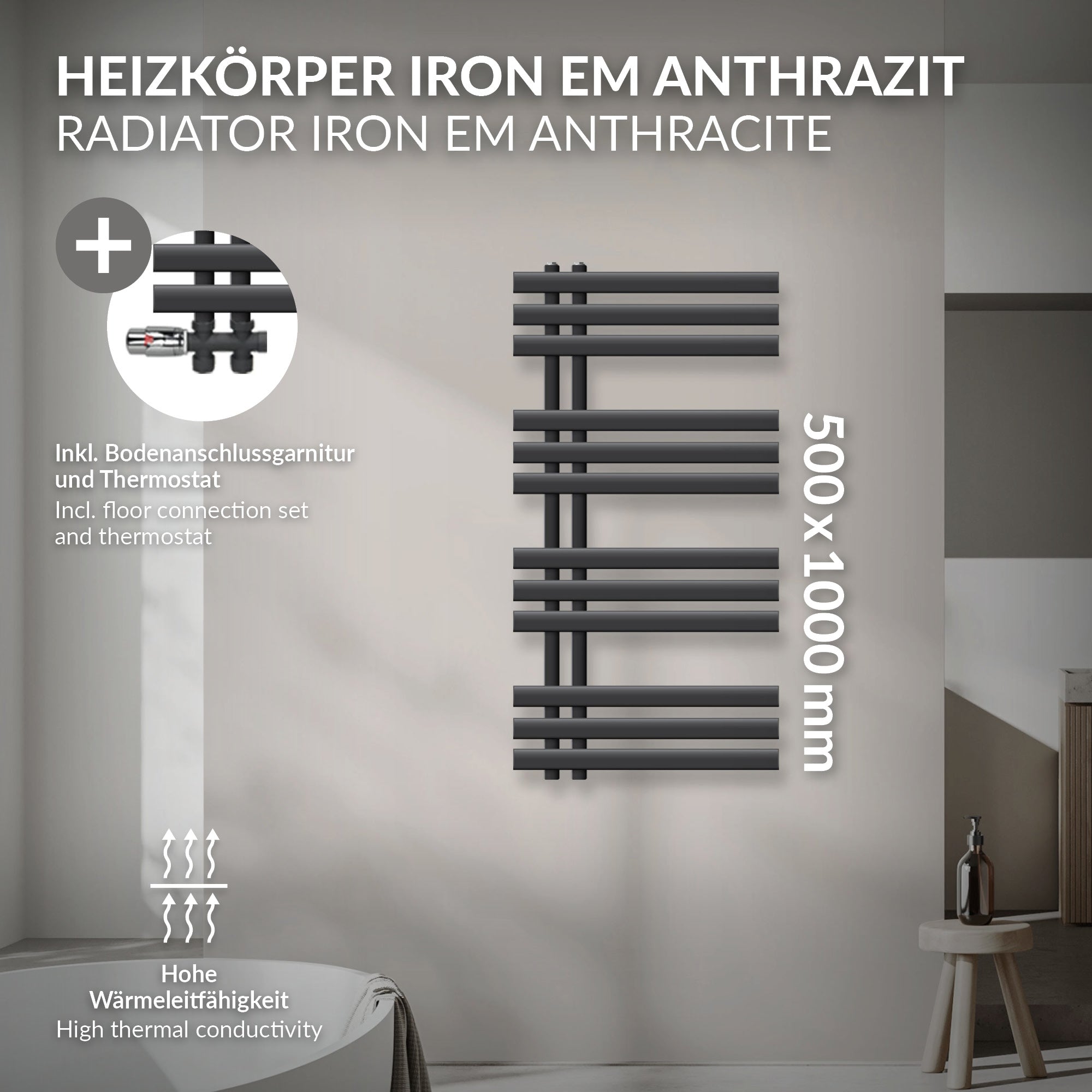 Antracit színű radiátor egy falon egy modern térben.