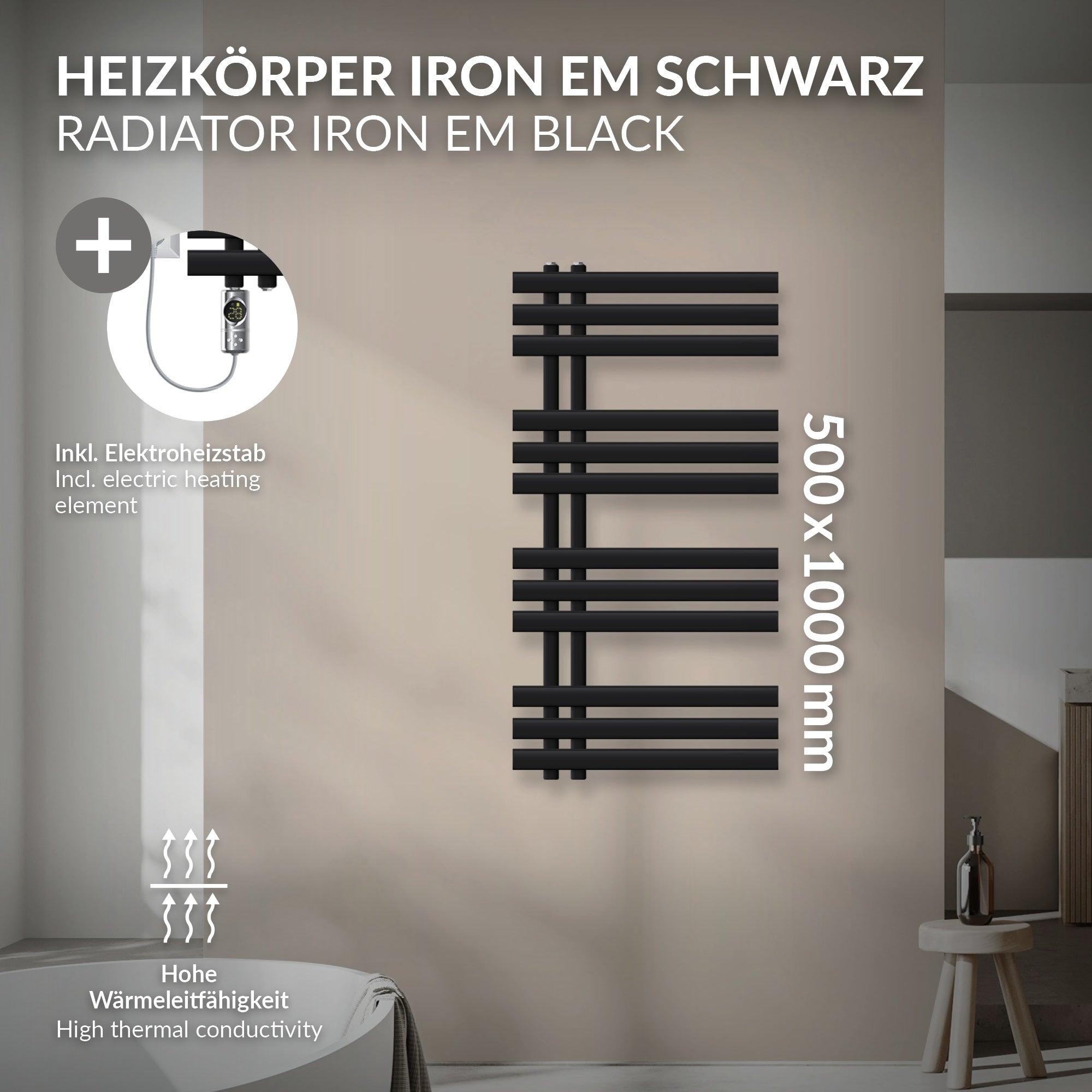 Fekete radiátor műszaki részletekkel és méretekkel.