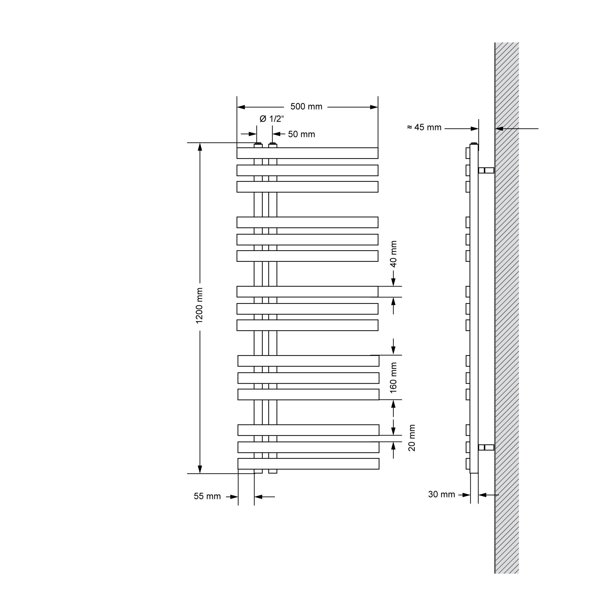 Disegno tecnico di un radiatore con misure.