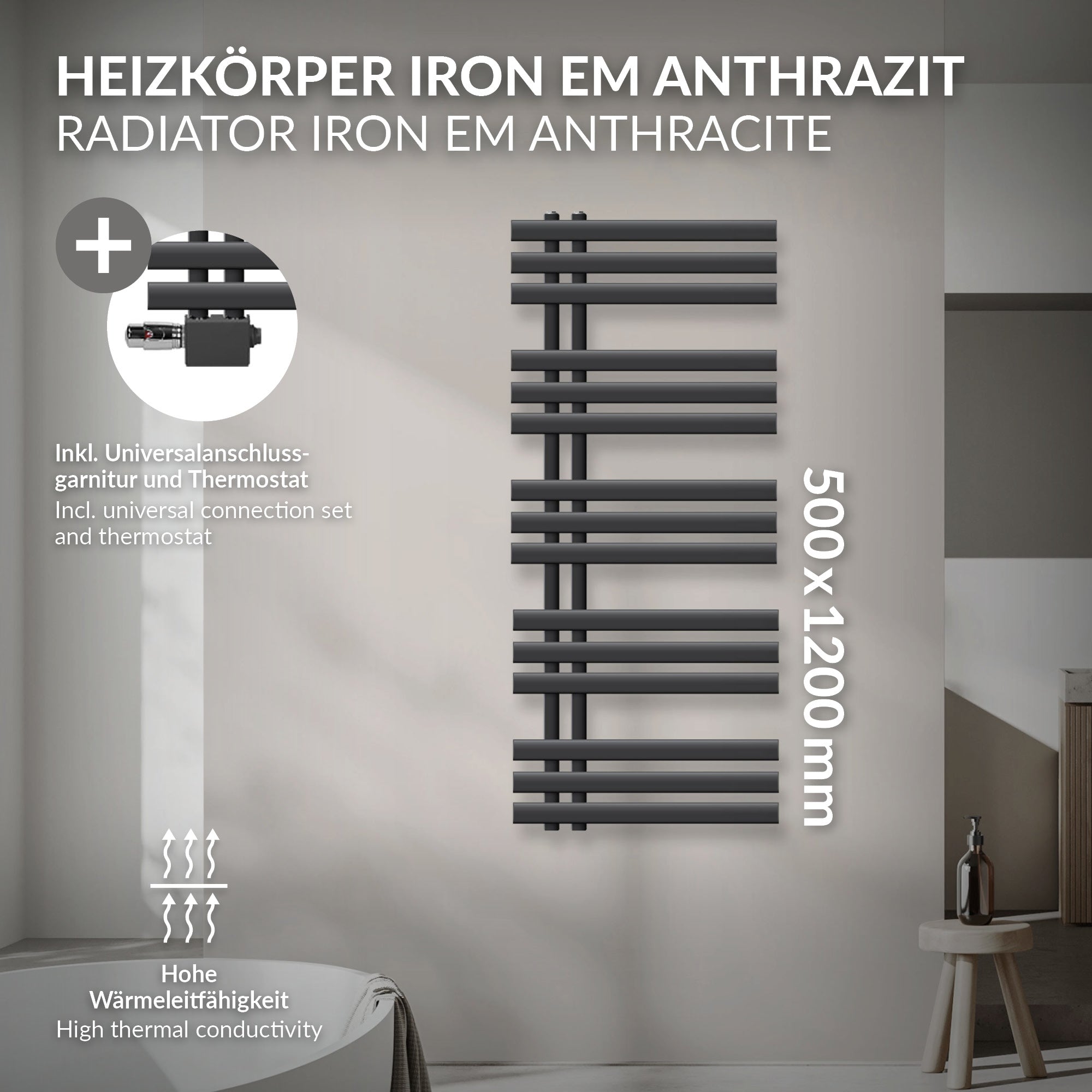 Antracit színű radiátor műszaki részletekkel világos háttéren.