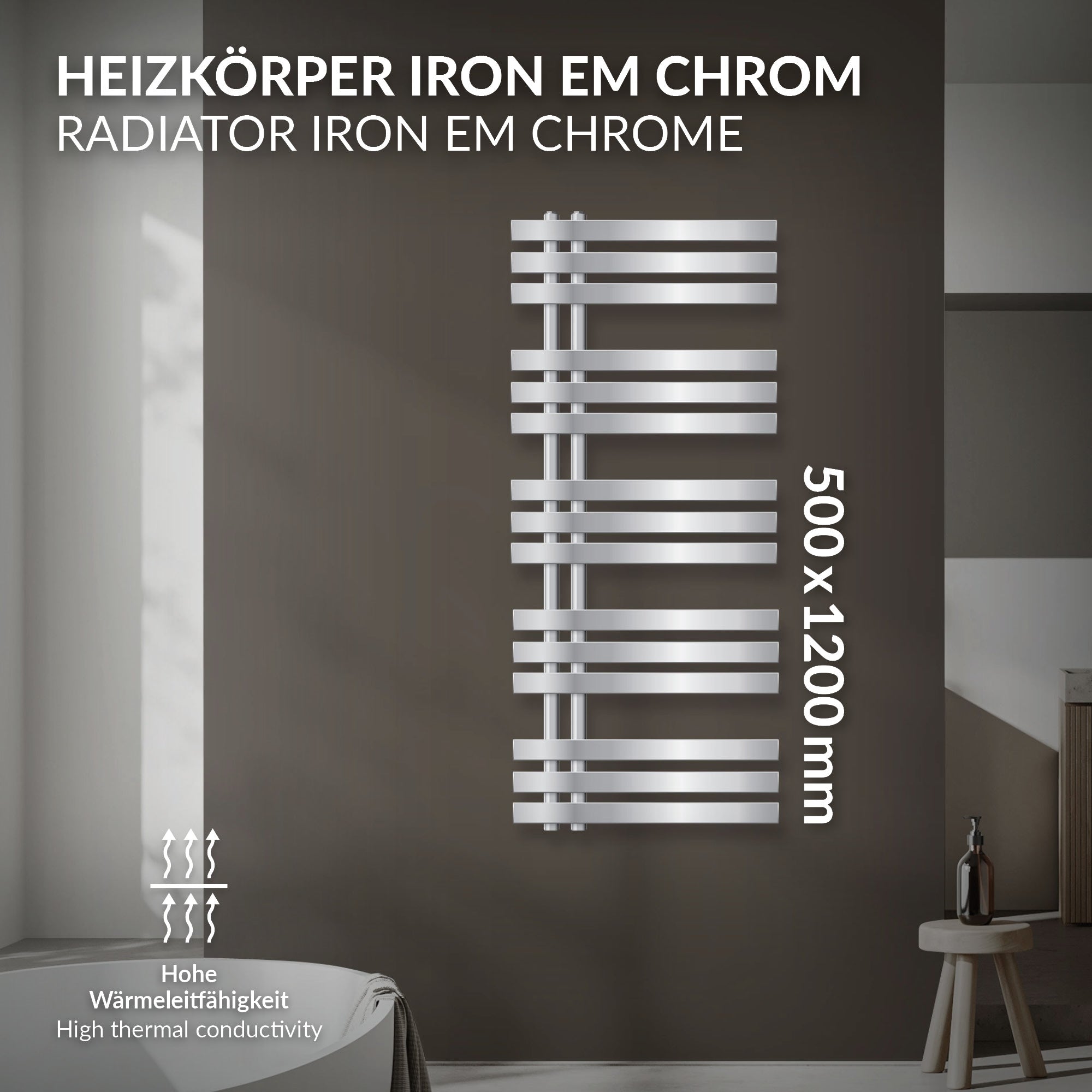 Chromfarbener Heizkörper mit horizontalen und vertikalen Streben an einer Wand.
