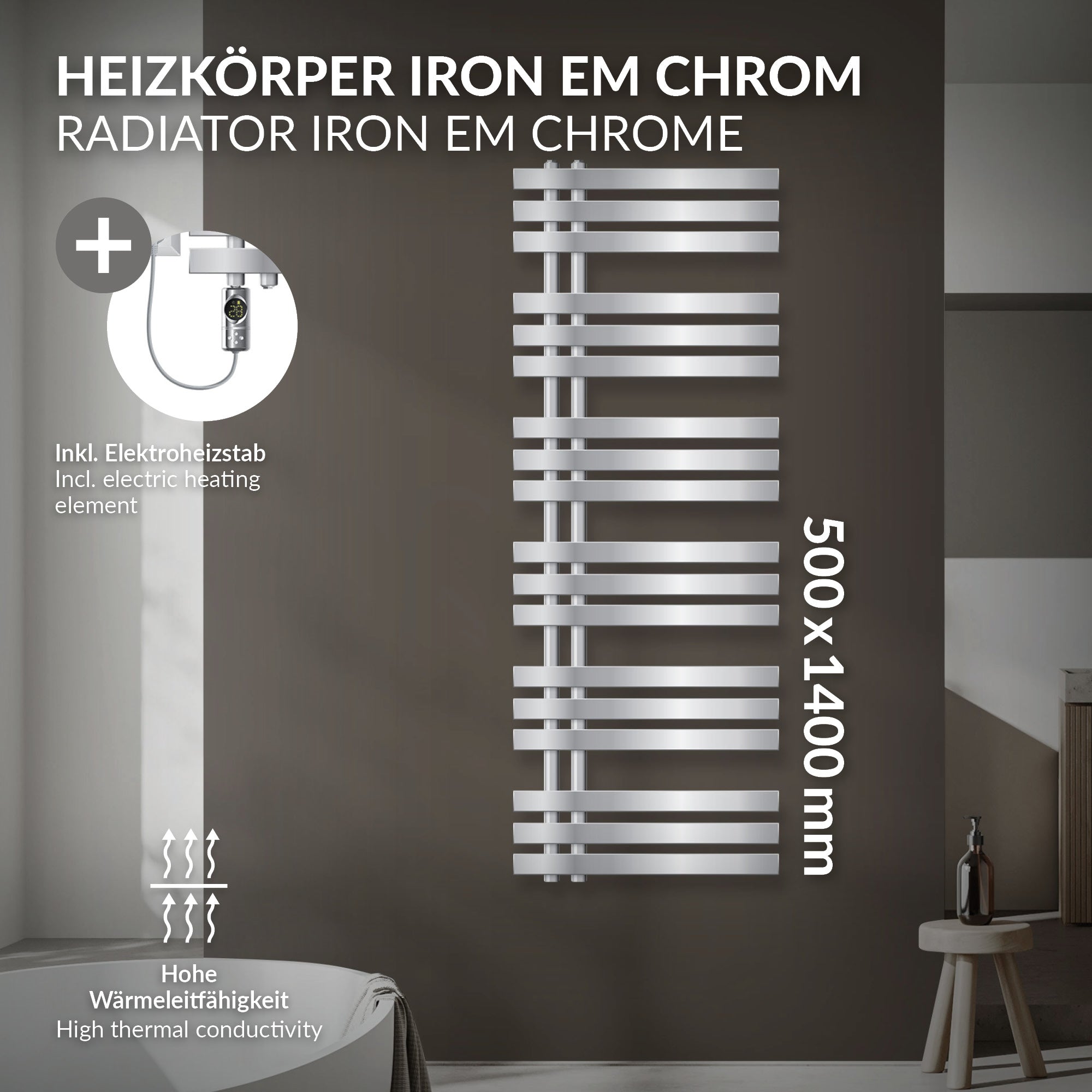 Chromfarbener Heizkörper an einer Wand mit Maßen.