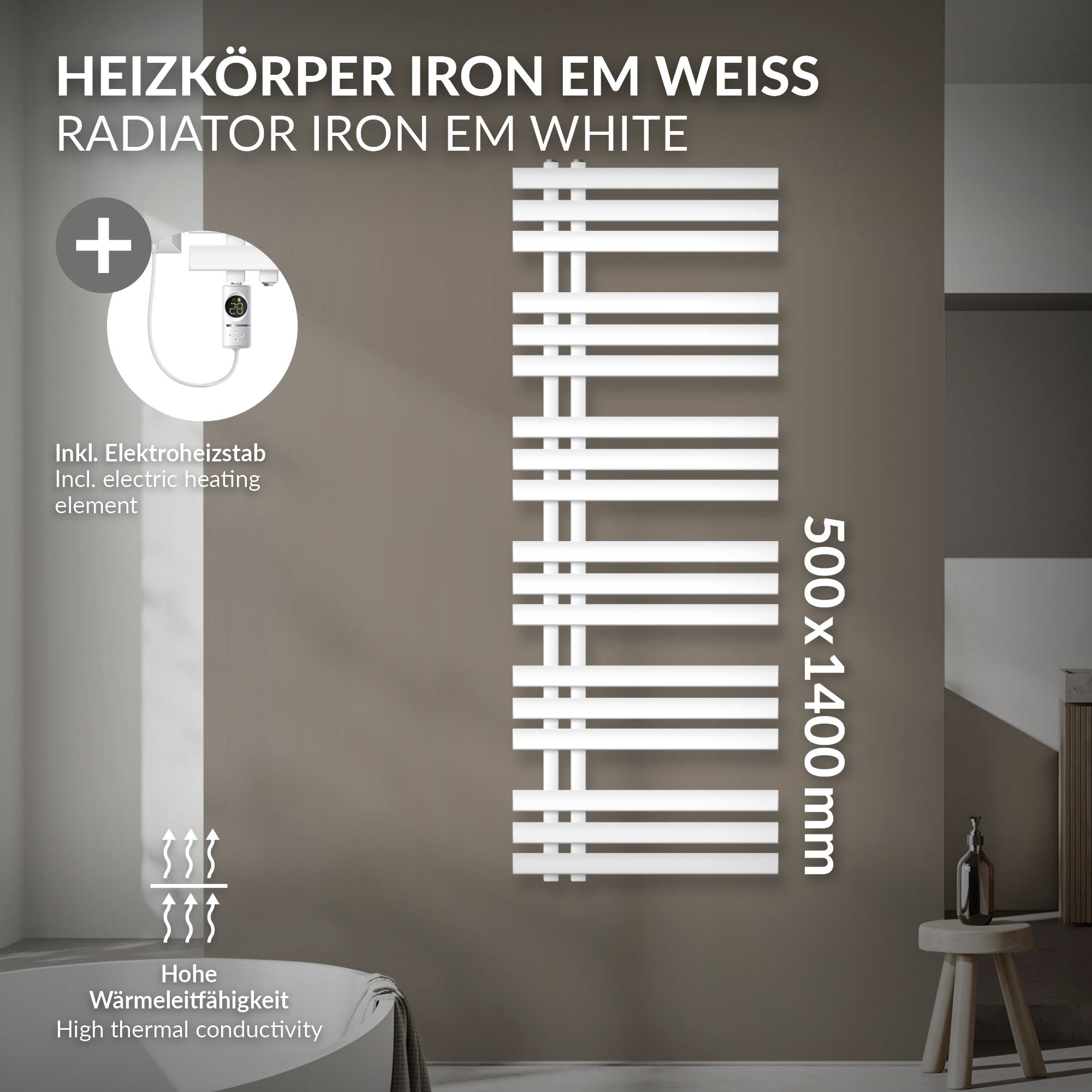 Weißer Heizkörper mit Elektroheizstab, Maße 500x1400 mm.