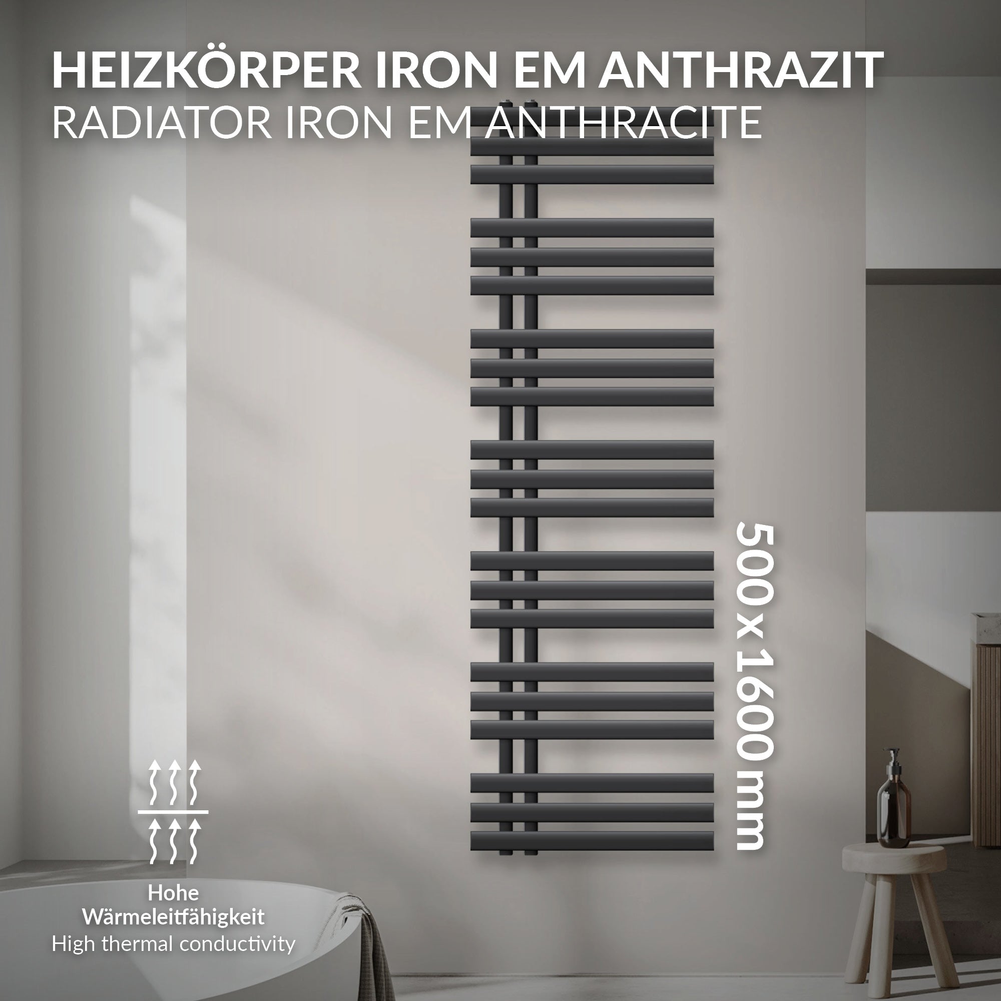 Anthrazitfarbener Heizkörper mit mehreren horizontalen Röhren.