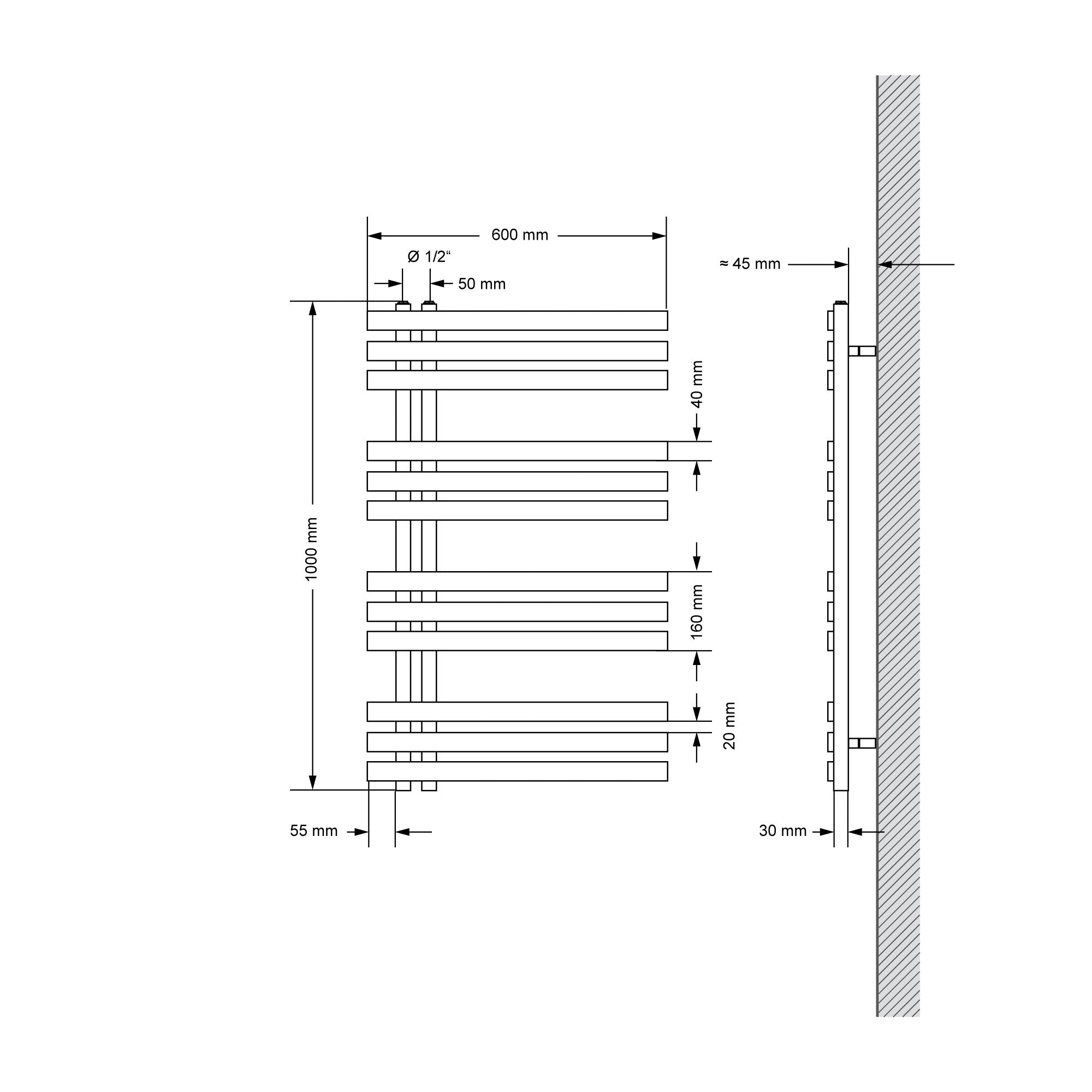 Disegno tecnico di un radiatore per asciugamani con misure e dettagli.