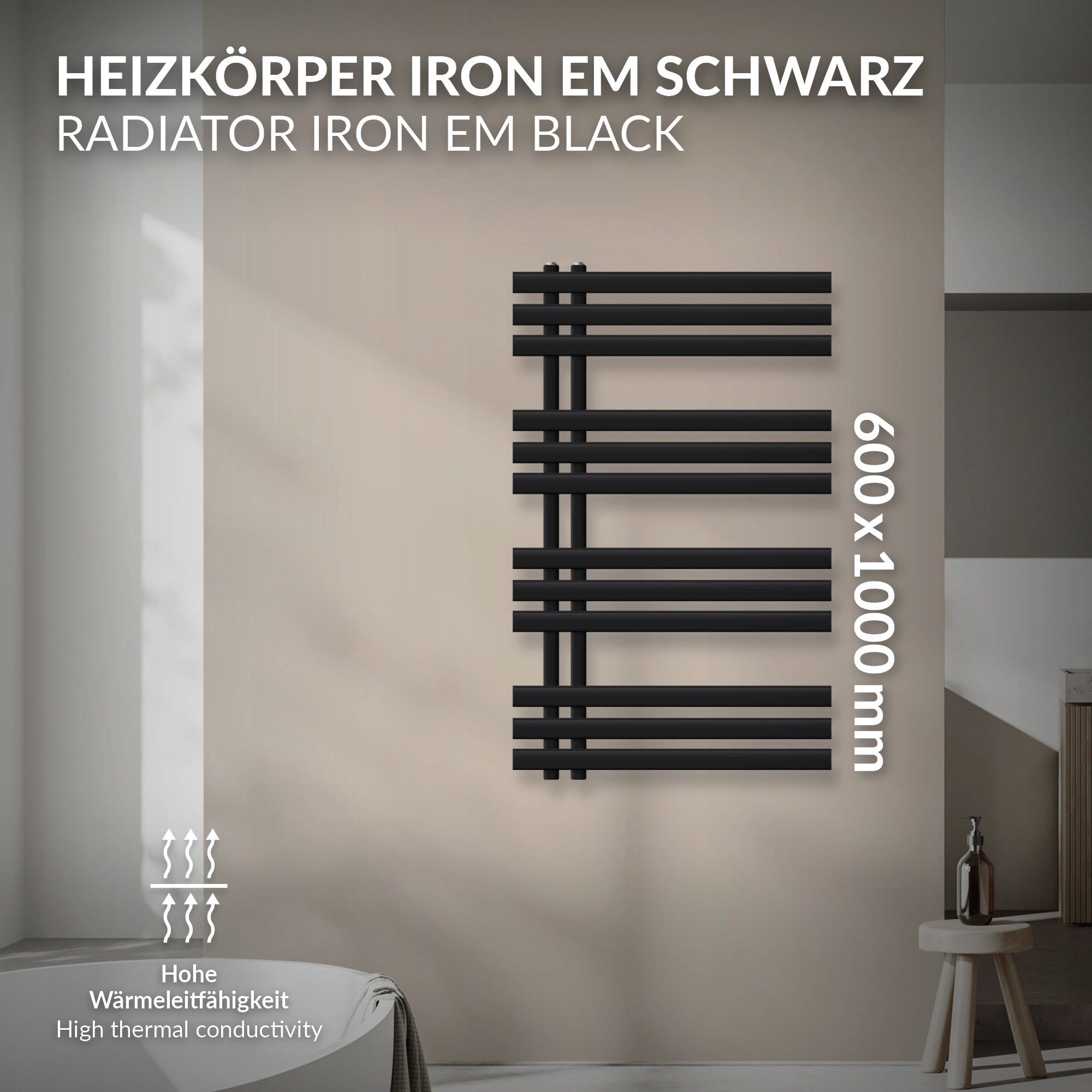 Radiator Iron EM in zwart, 600x1000 mm, voor een muur.