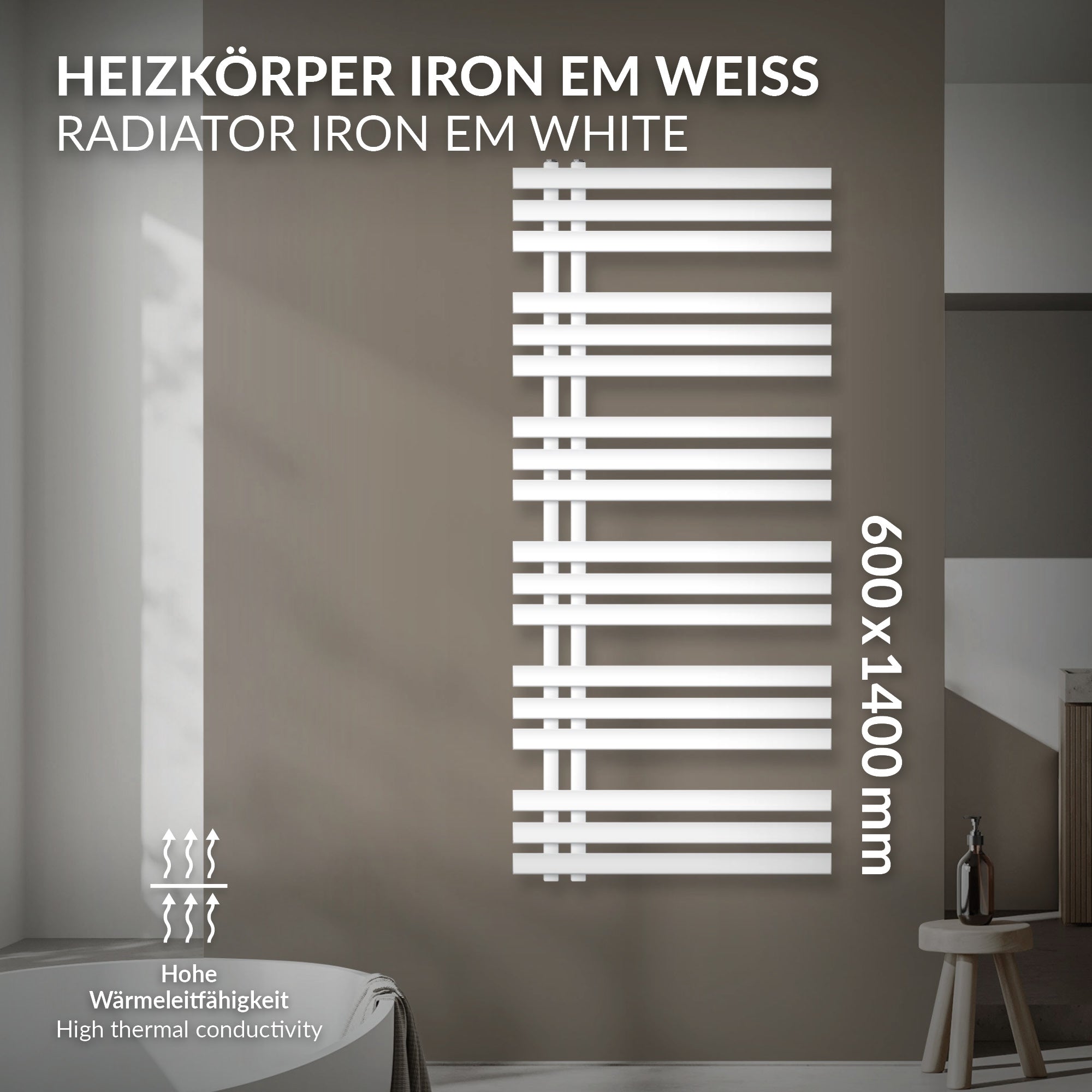 Radiator Iron EM in white, 600x1400 mm, mounted on a wall.