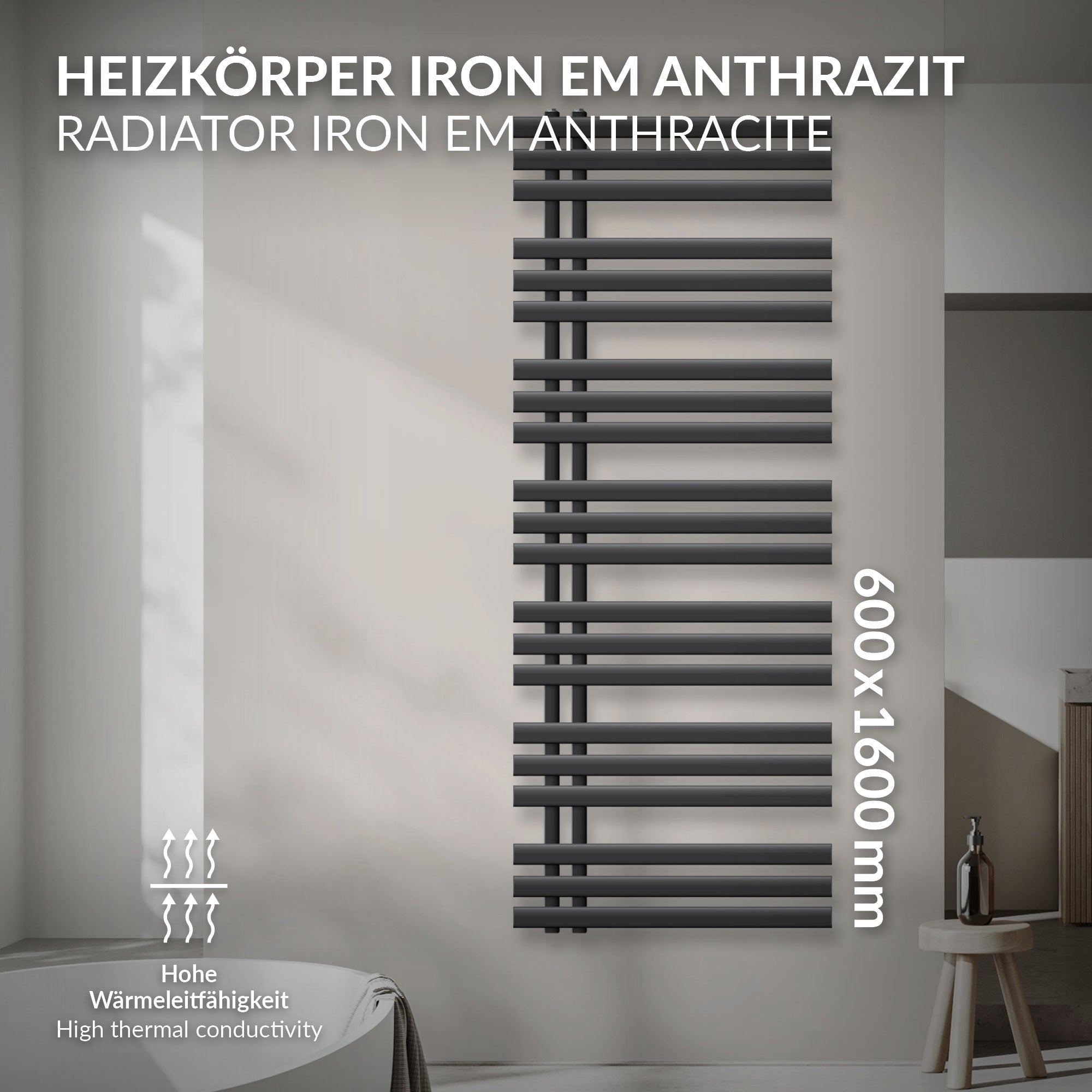 Antracitfarvet radiator med horisontale og vertikale rør.