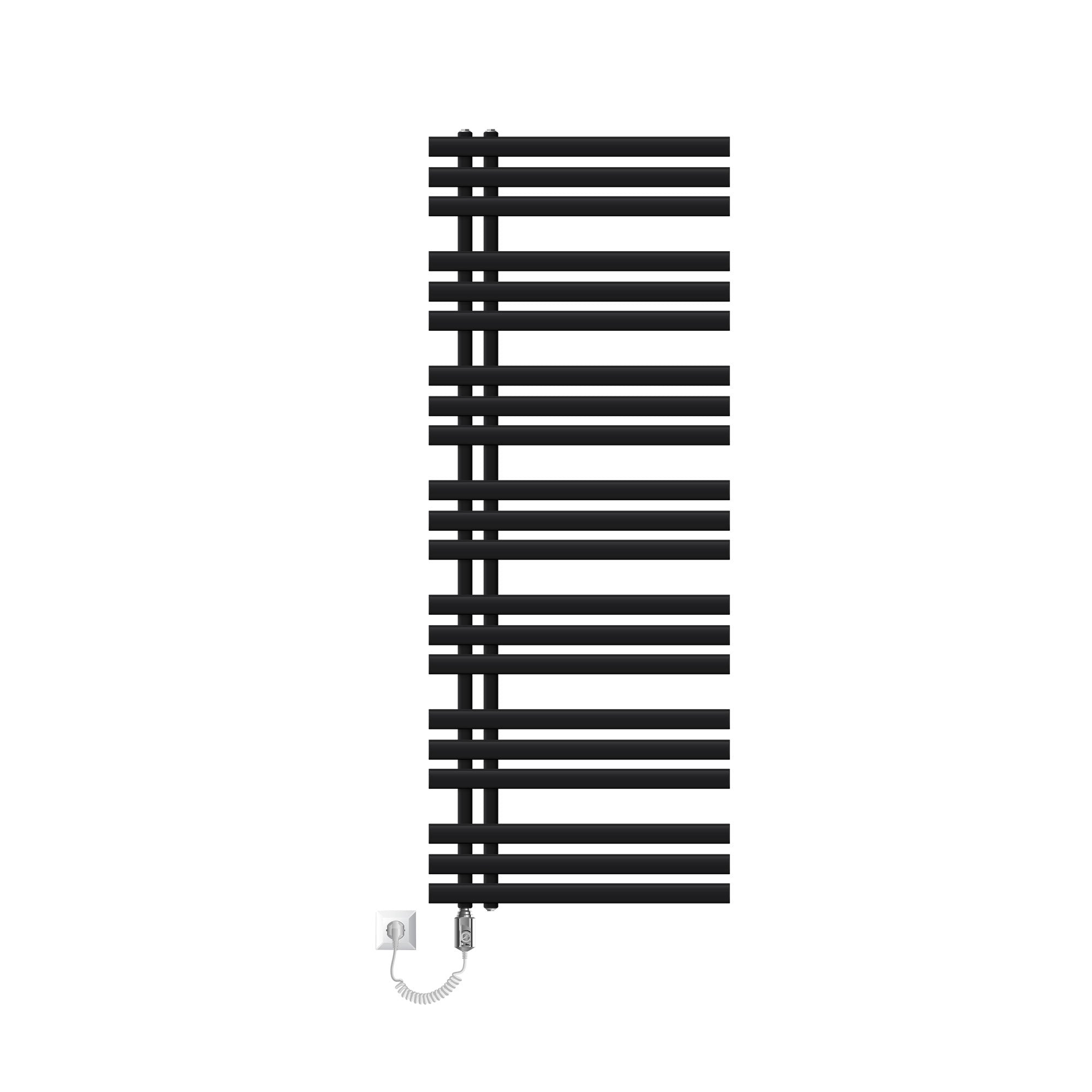Radiador negro con barra de calefacción eléctrica, dispuesto verticalmente.