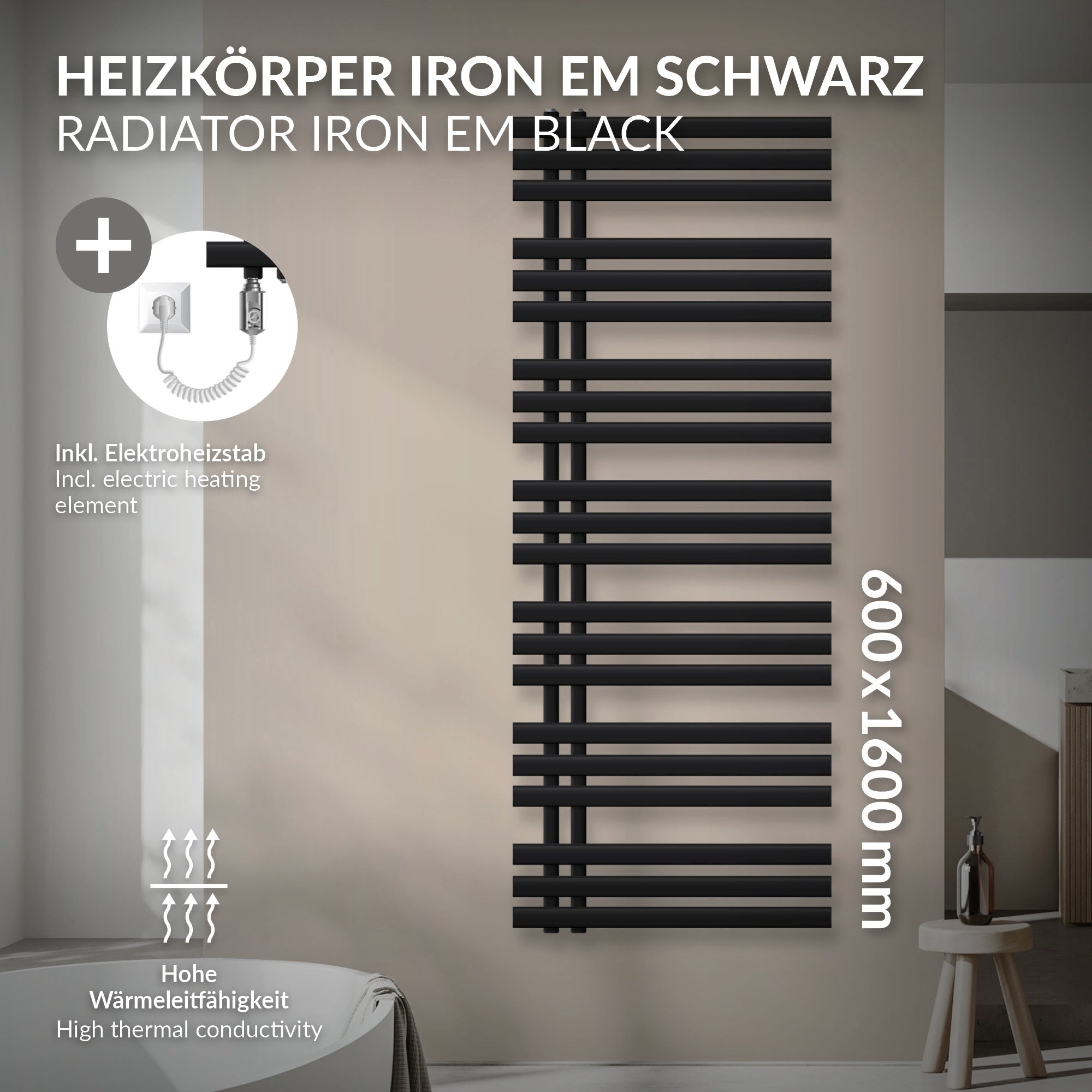Radiador negro con elementos eléctricos, dimensiones 600x1600 mm.