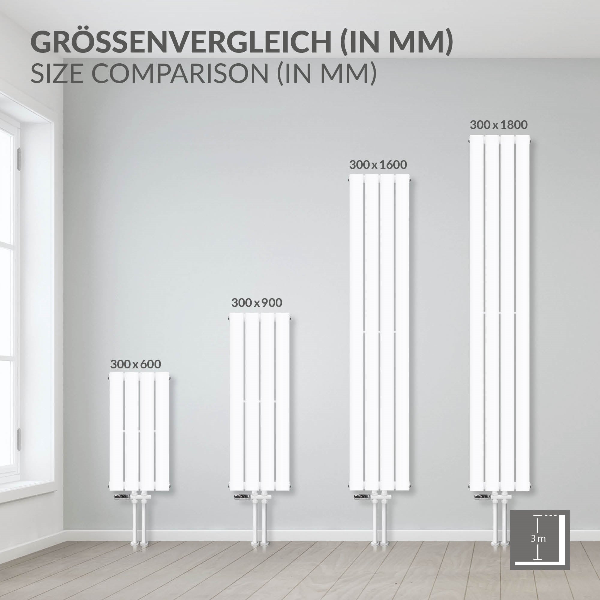 Weißes Heizkörperpaneel an einer Wand, Maße 300x900 mm.