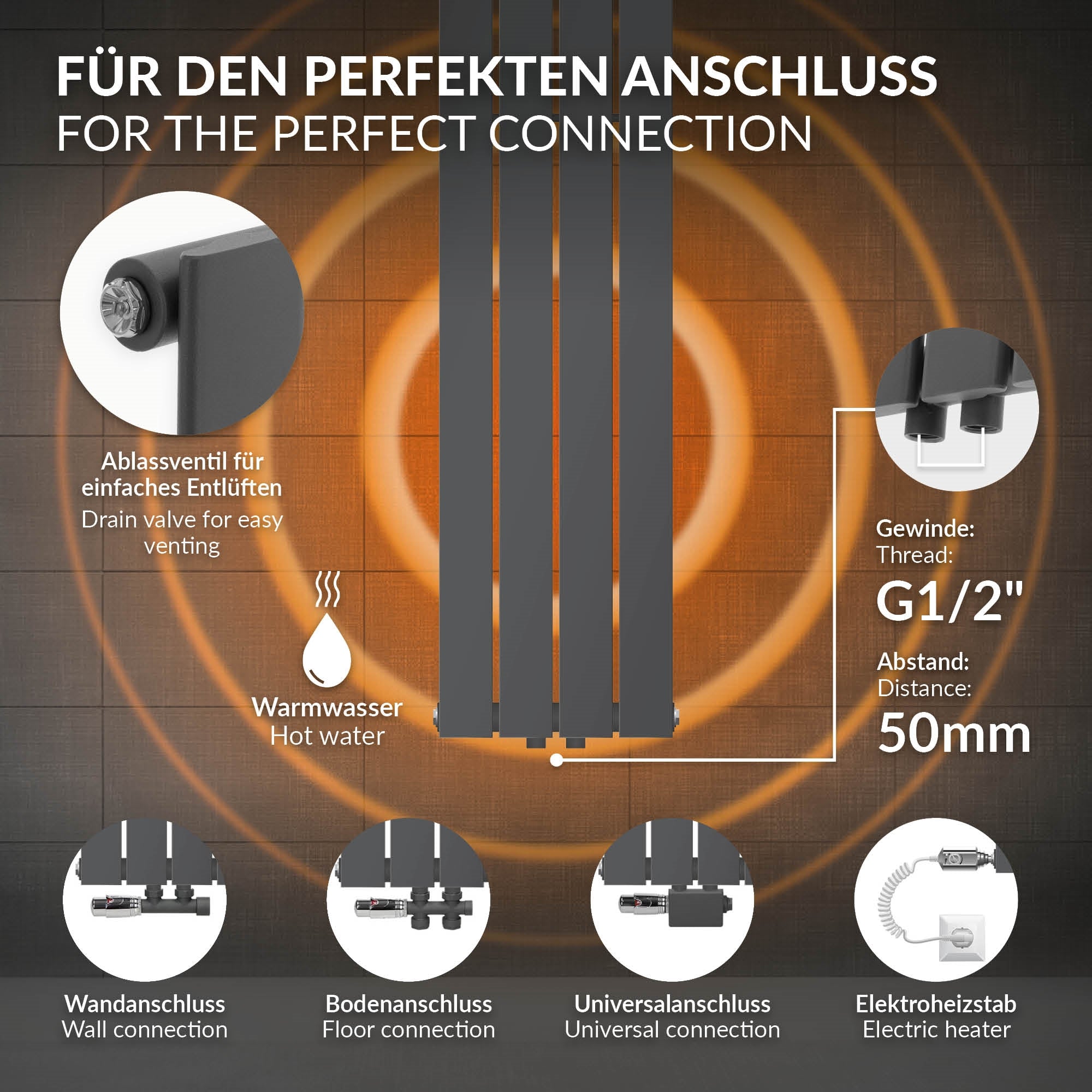 Anthrazitfarbenes Heizkörperpaneel mit Abmessungen 300x1600 mm.