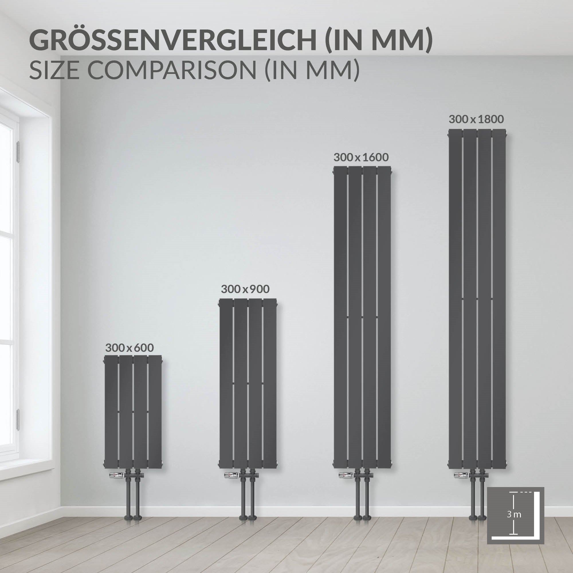 Radiátorové panel v antracitové barvě s rozměry 300x1600 mm.