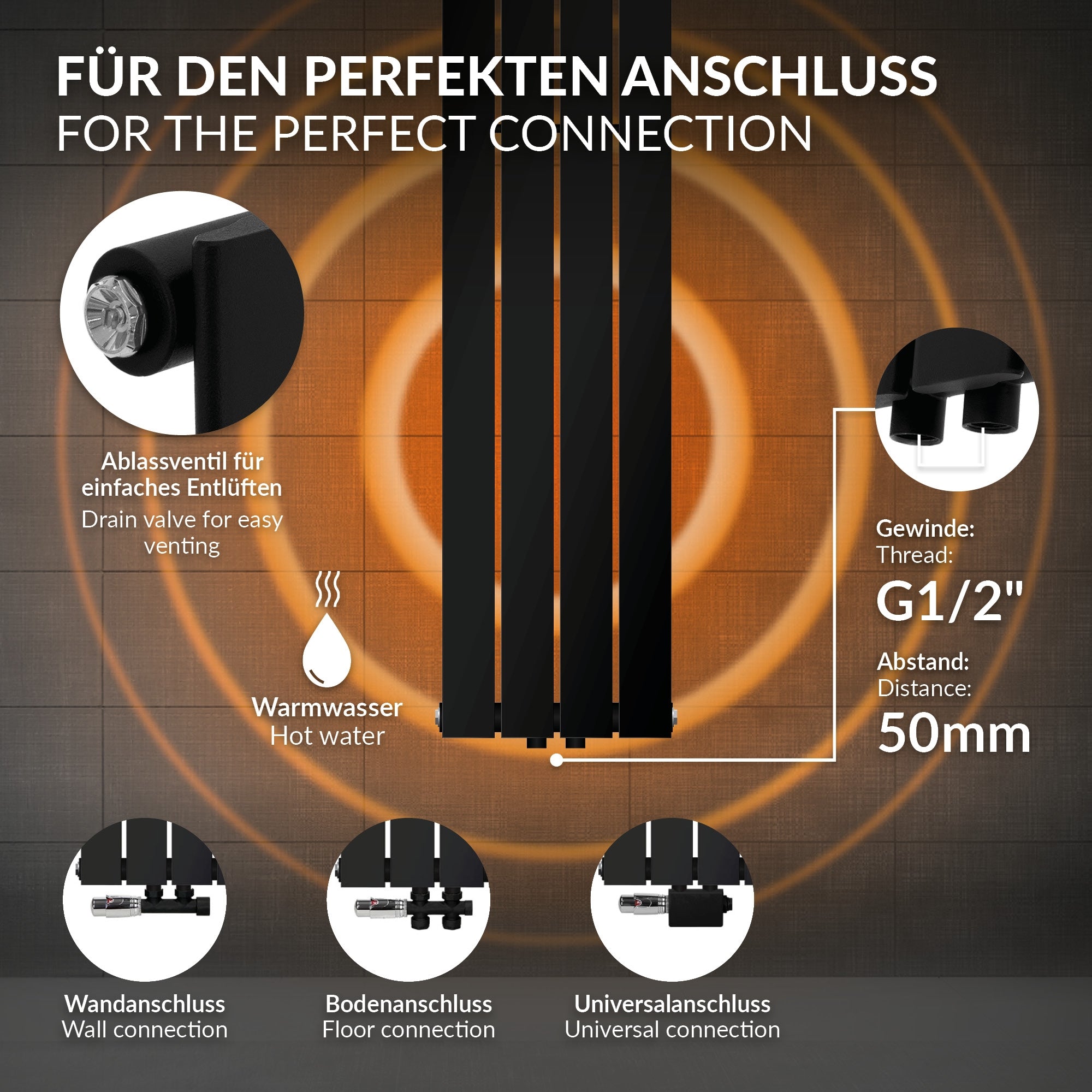 Detailansicht eines Heizpaneels mit Anschlussmöglichkeiten und technischen Informationen.