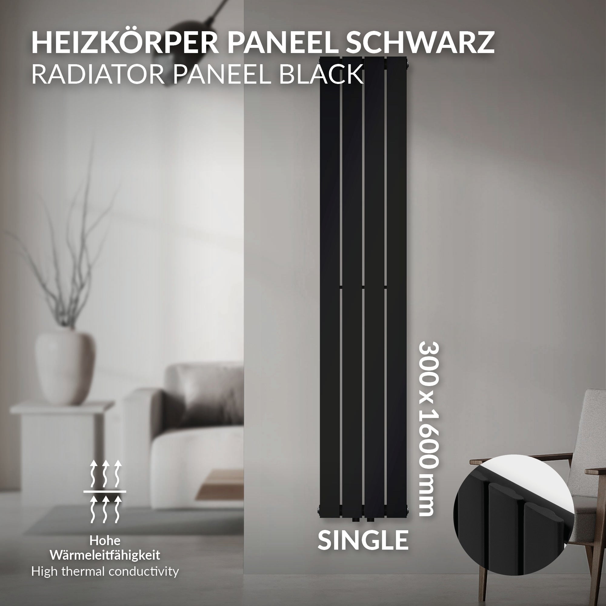 Schwarzes Heizkörperpaneel mit den Maßen 300x1600 mm.