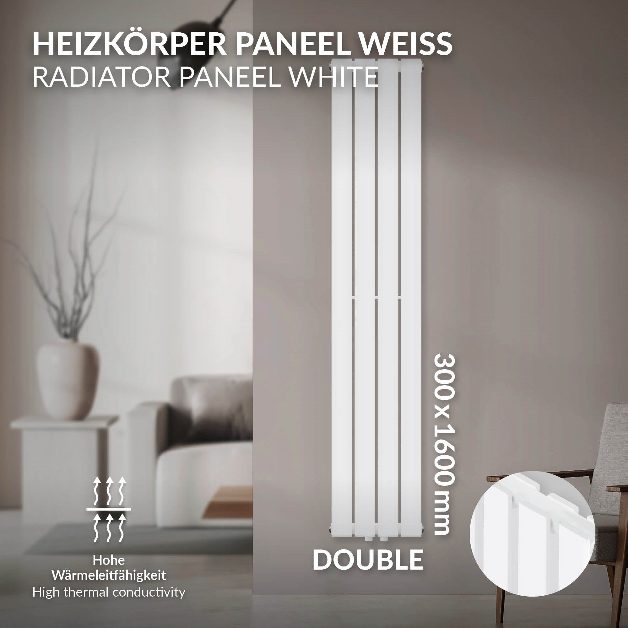 Panel calefactor blanco, 300x1600 mm, doble.