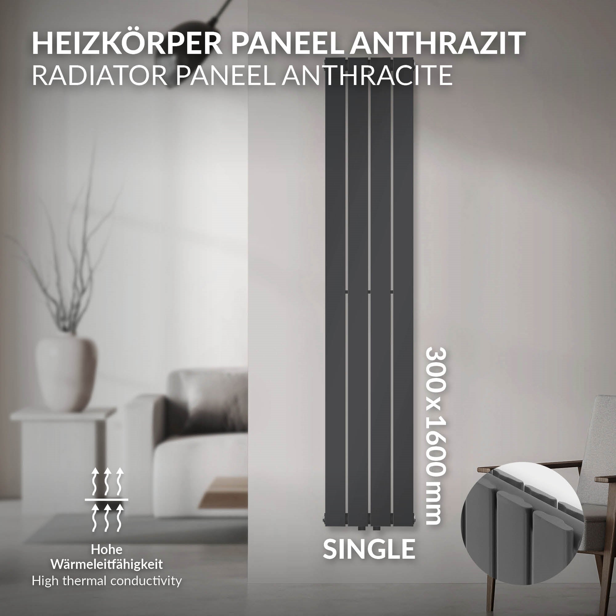 Anthrazitfarbenes Heizkörperpaneel, 300x1600 mm, einfach.